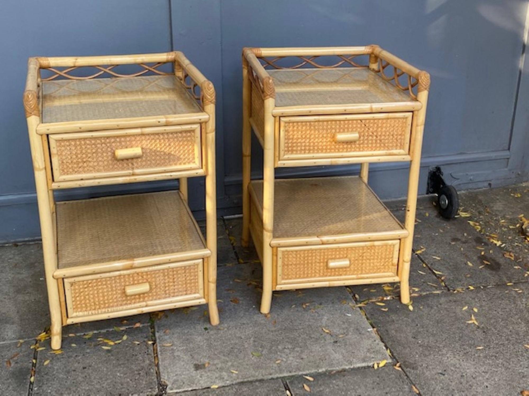 Italian Pair of MCM Rattan / Cane Nightstands / Bedside Tables, Angraves, English, 1970s For Sale