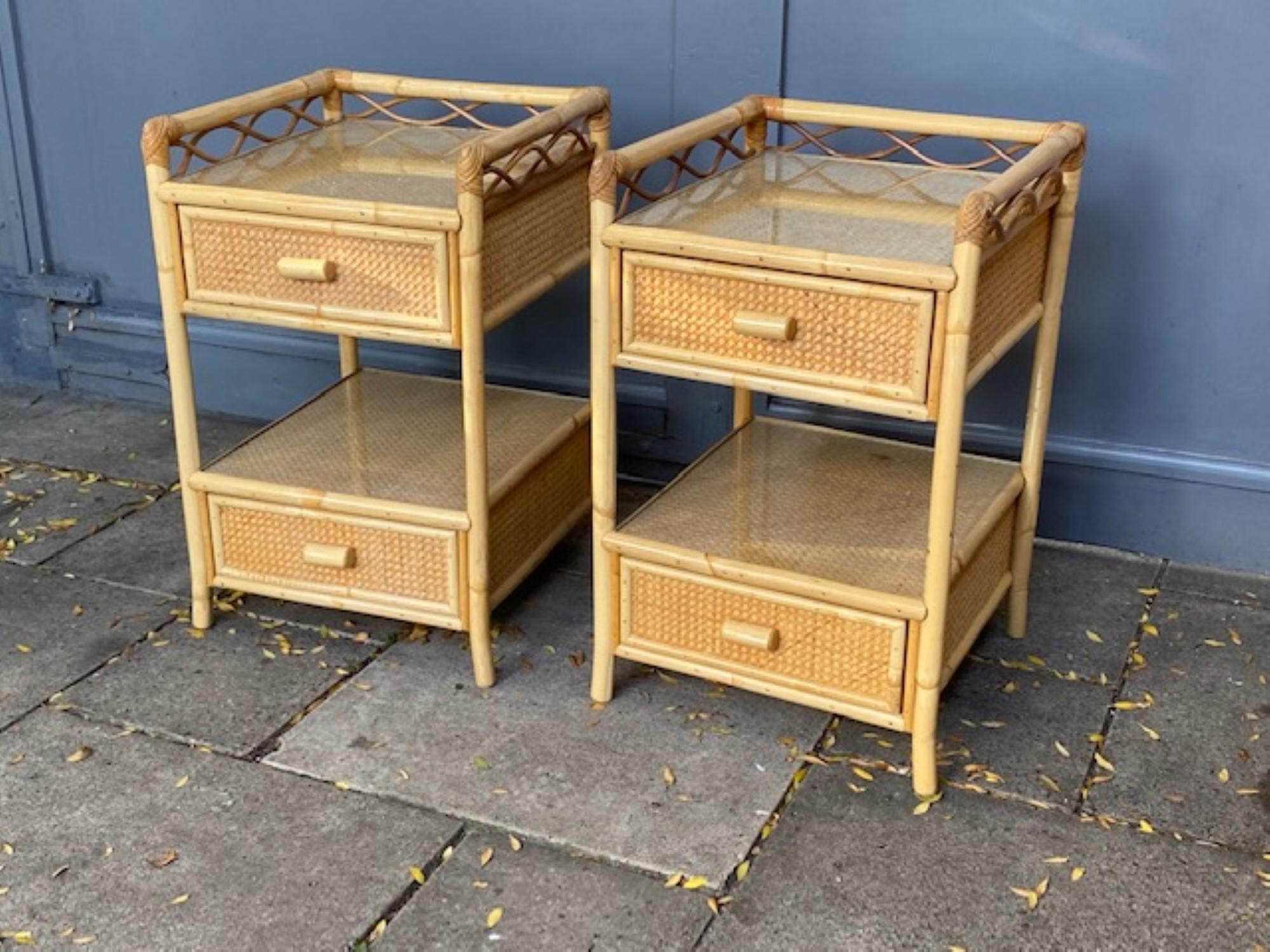 Lacquered Pair of MCM Rattan / Cane Nightstands / Bedside Tables, Angraves, English, 1970s For Sale