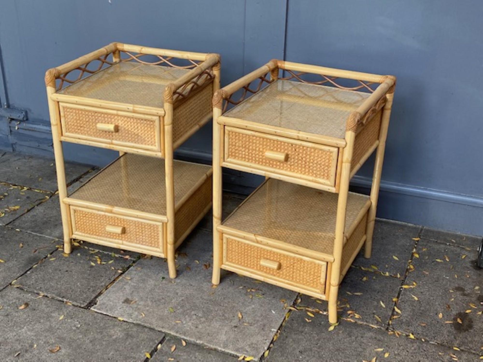 Pair of MCM Rattan / Cane Nightstands / Bedside Tables, Angraves, English, 1970s In Good Condition For Sale In Richmond, Surrey