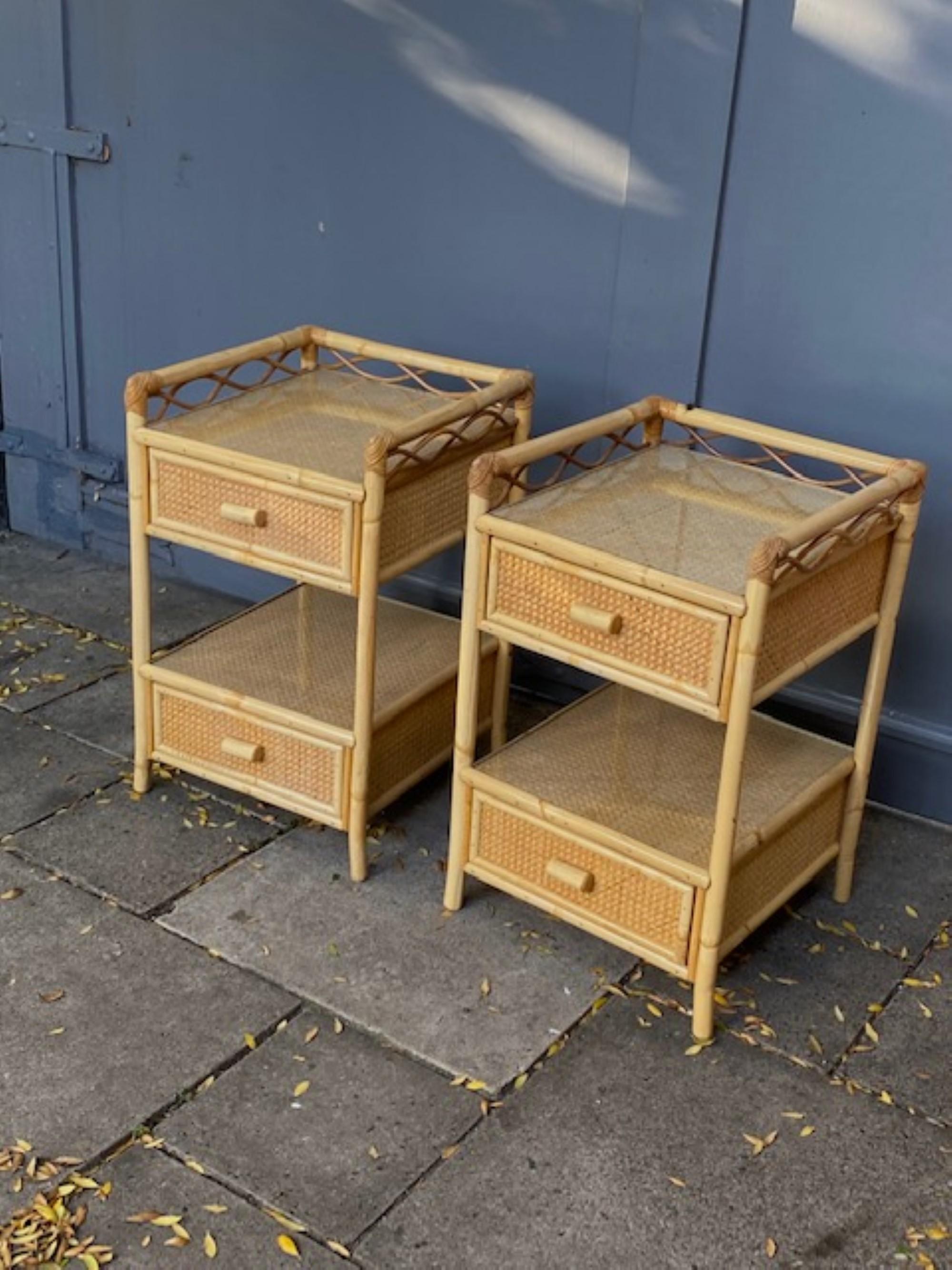 20th Century Pair of MCM Rattan / Cane Nightstands / Bedside Tables, Angraves, English, 1970s For Sale