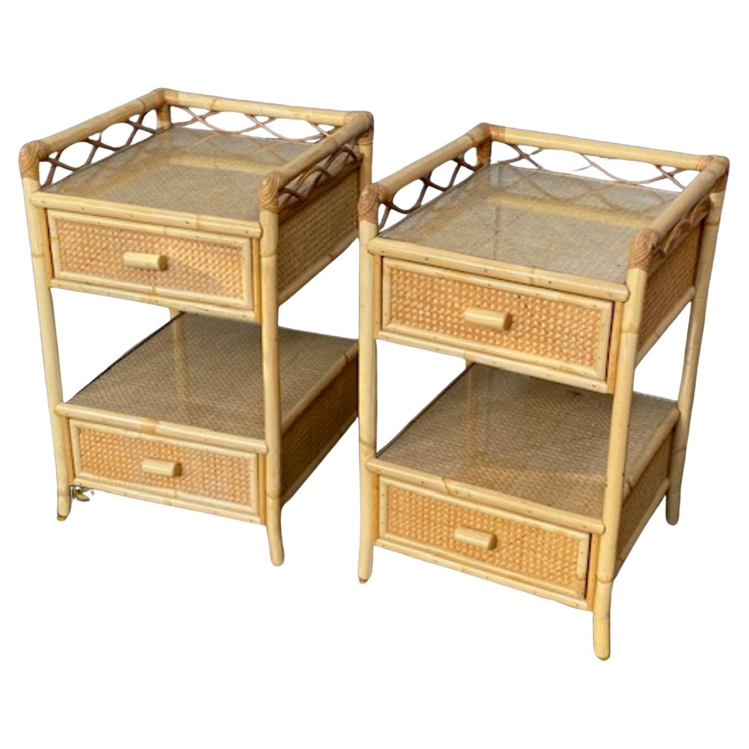 Pair of MCM Rattan / Cane Nightstands / Bedside Tables, Angraves, English, 1970s For Sale