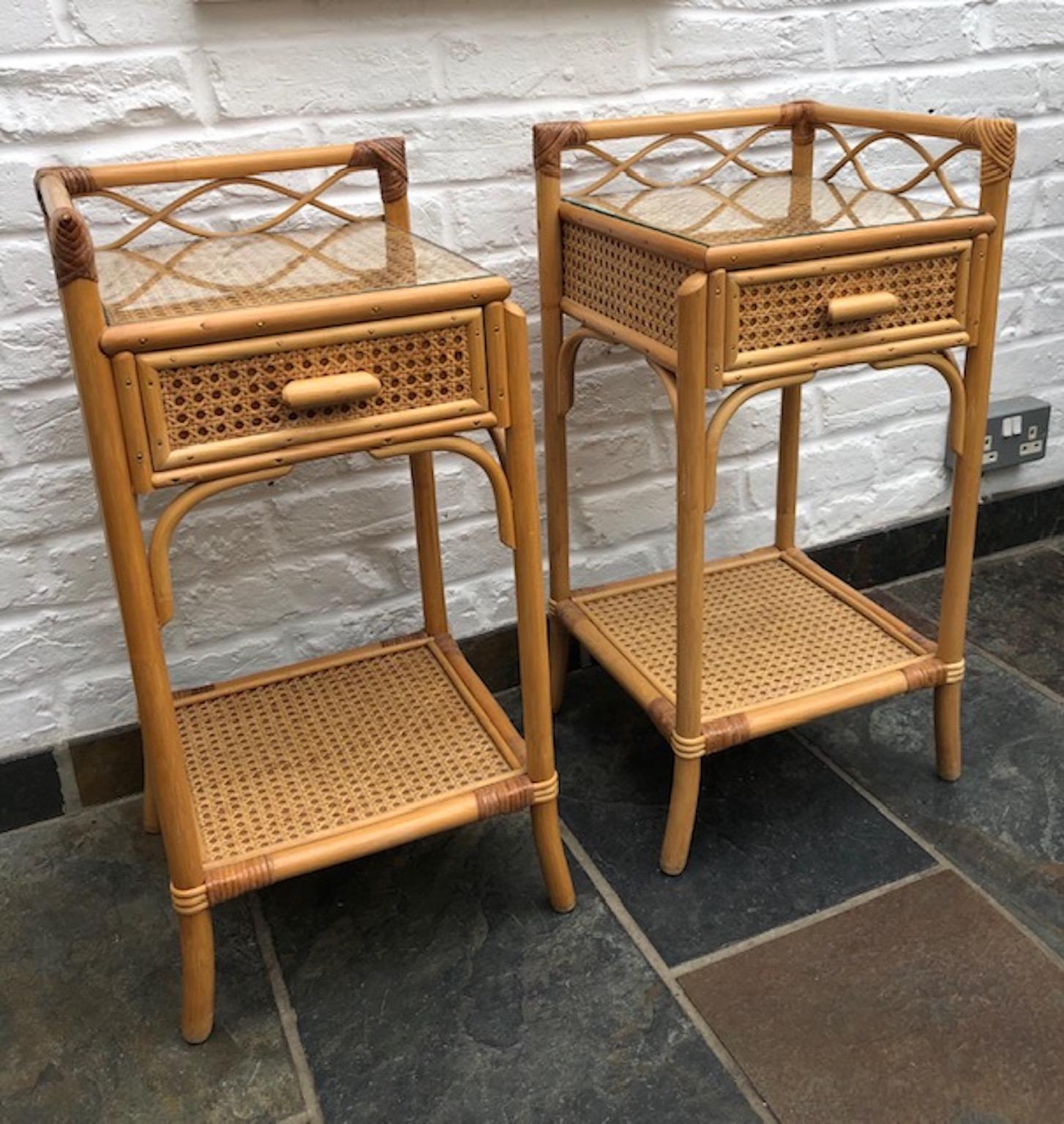 Mid-Century Modern Pair of MCM Rattan / Cane Nightstands / Bedside Tables by Angraves England 1970s