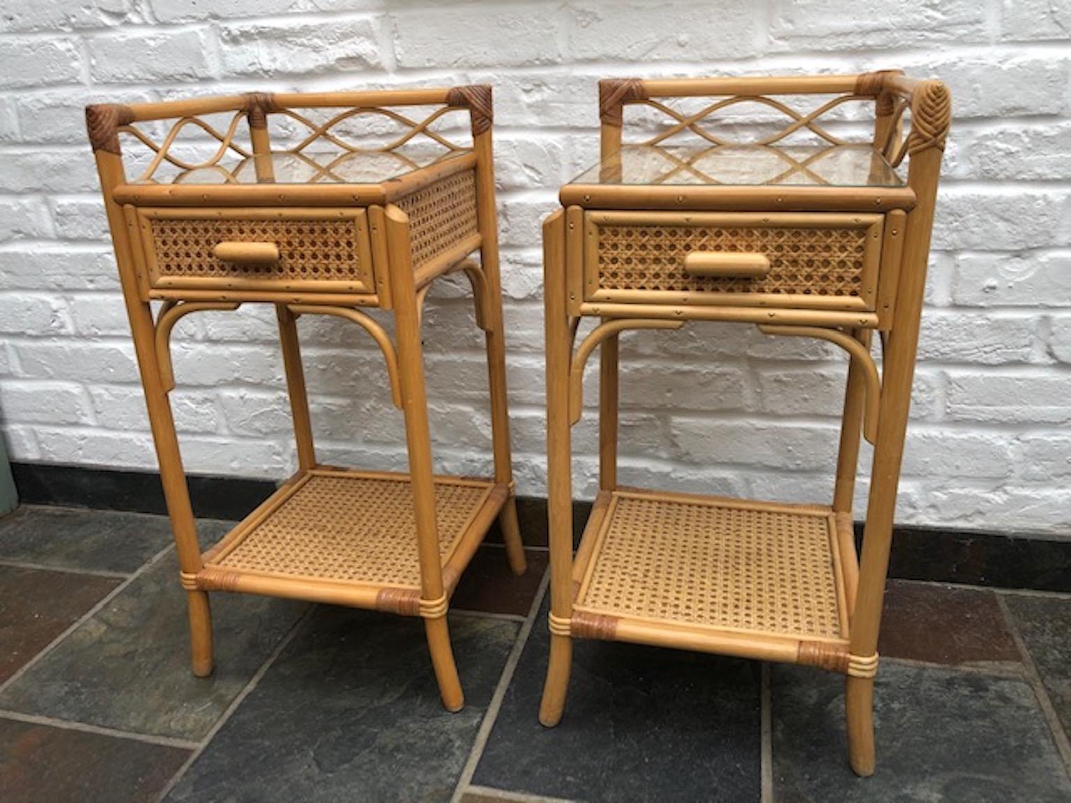 European Pair of MCM Rattan / Cane Nightstands / Bedside Tables by Angraves England 1970s