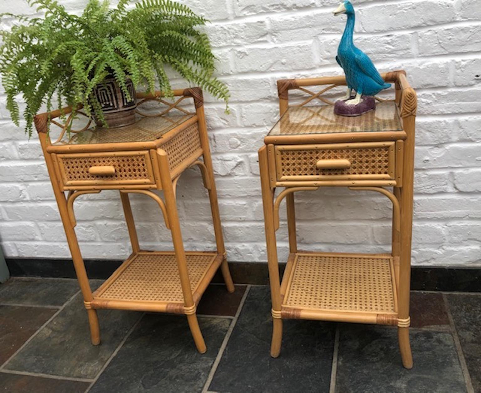 Pair of MCM Rattan / Cane Nightstands / Bedside Tables by Angraves England 1970s 1