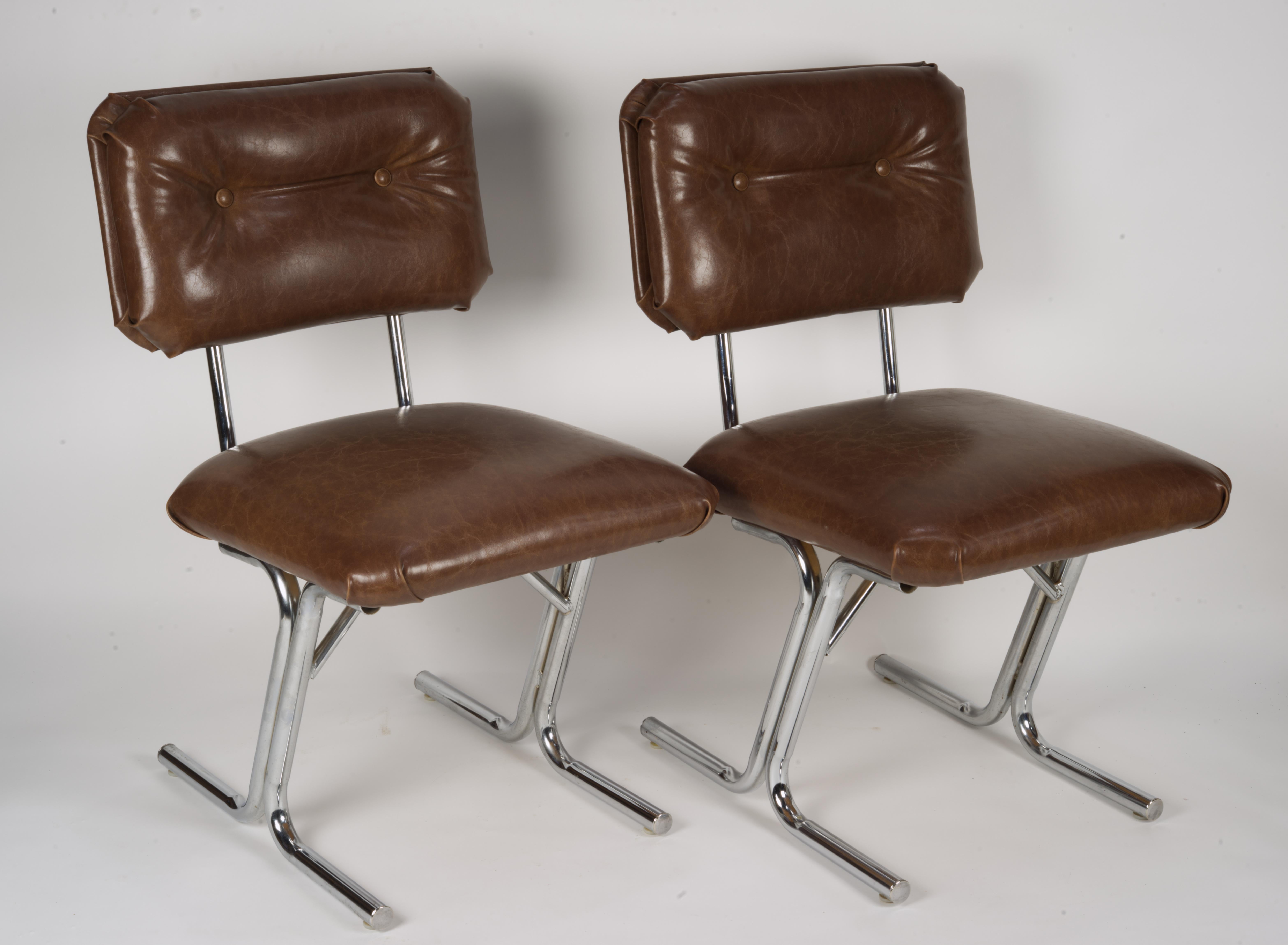Steel Pair of MCM side chairs in steel and brown vinyl.  For Sale