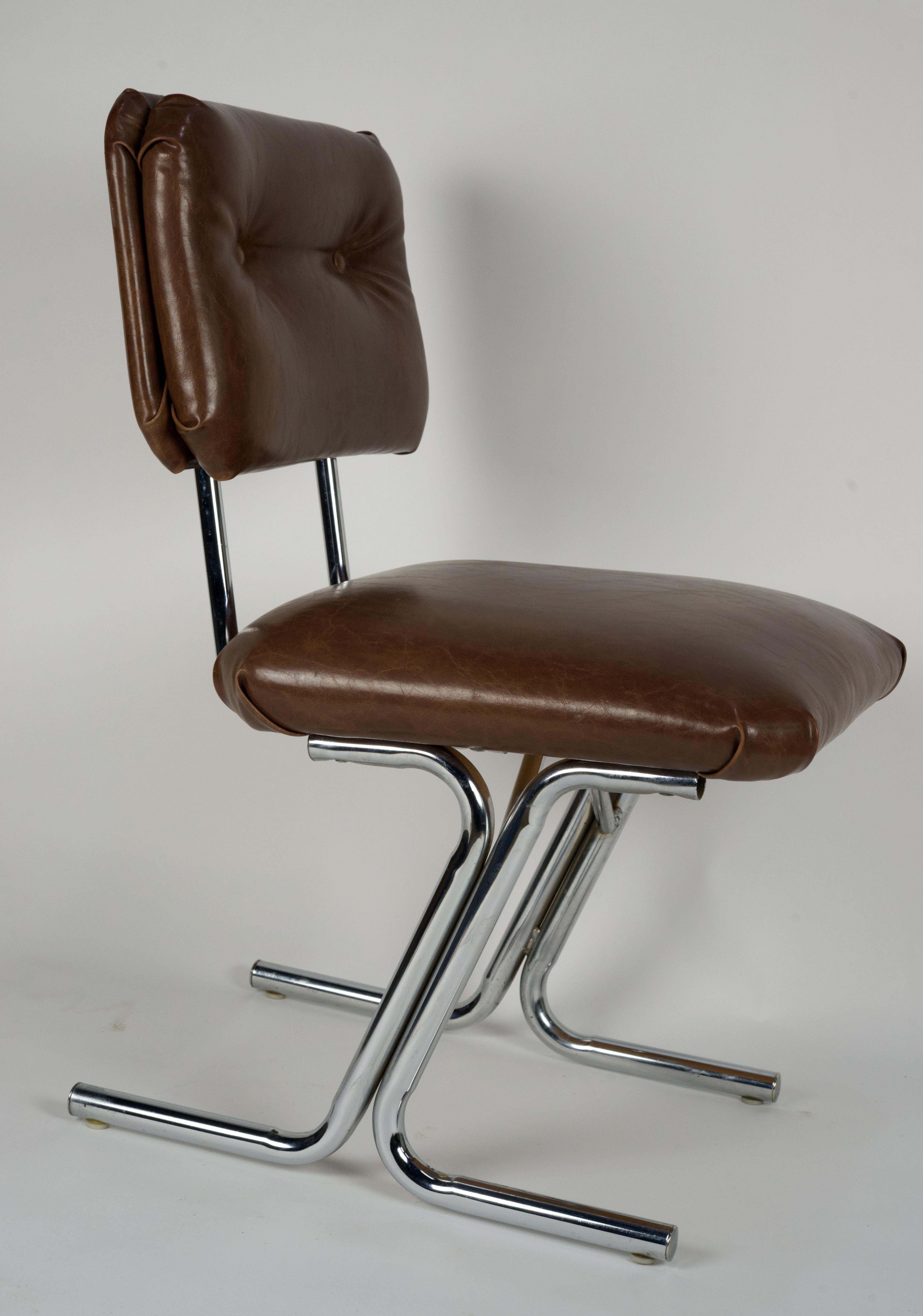 Pair of MCM side chairs in steel and brown vinyl.  For Sale 1
