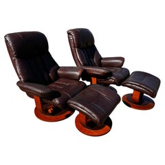Pair of MCM Swedish Brown Leather Swivel Lounge Chairs w/ Ottomans