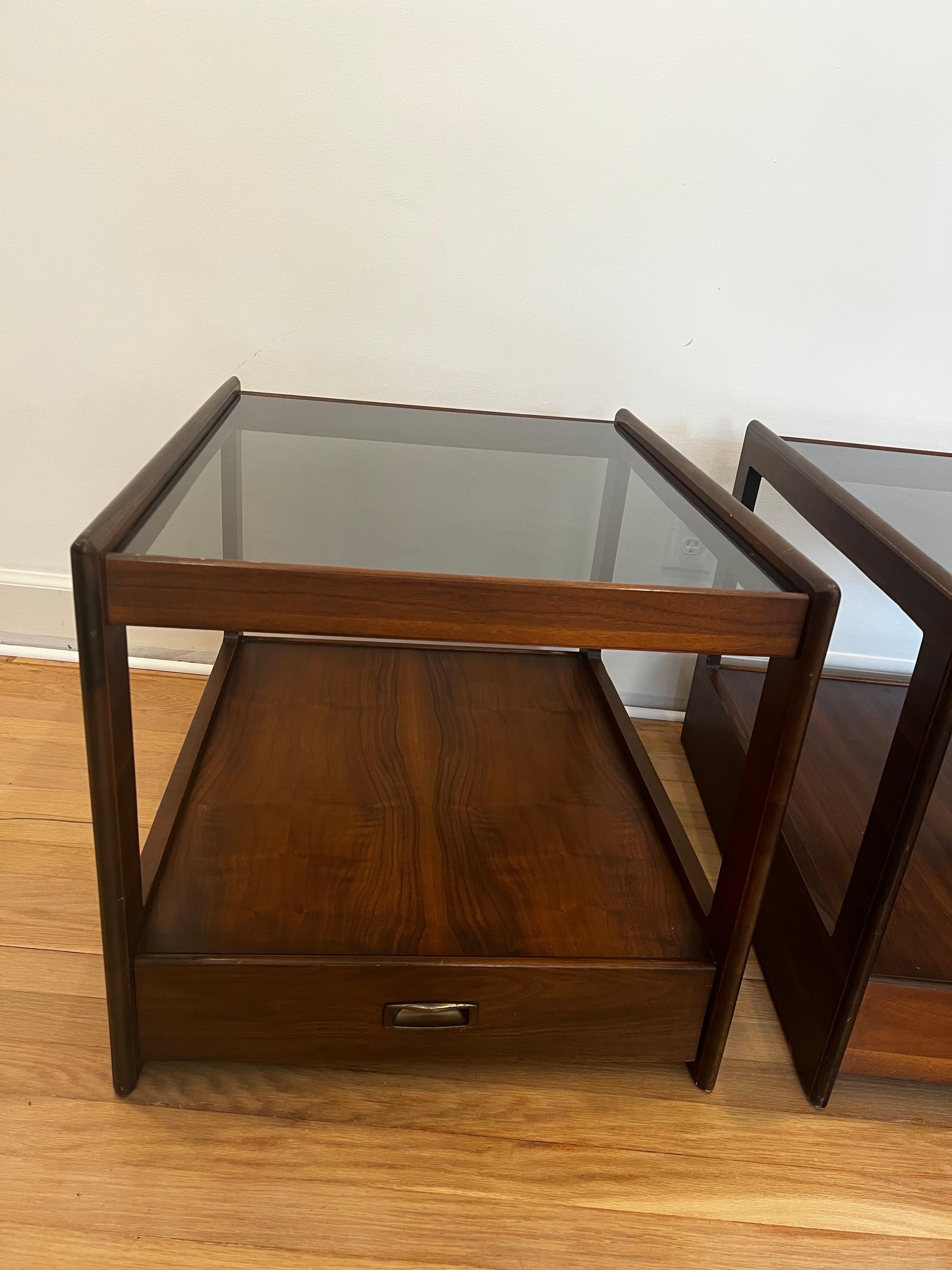 American Pair of MCM Walnut and Smoked Glass Single Drawer End Tables/Nightstands  For Sale