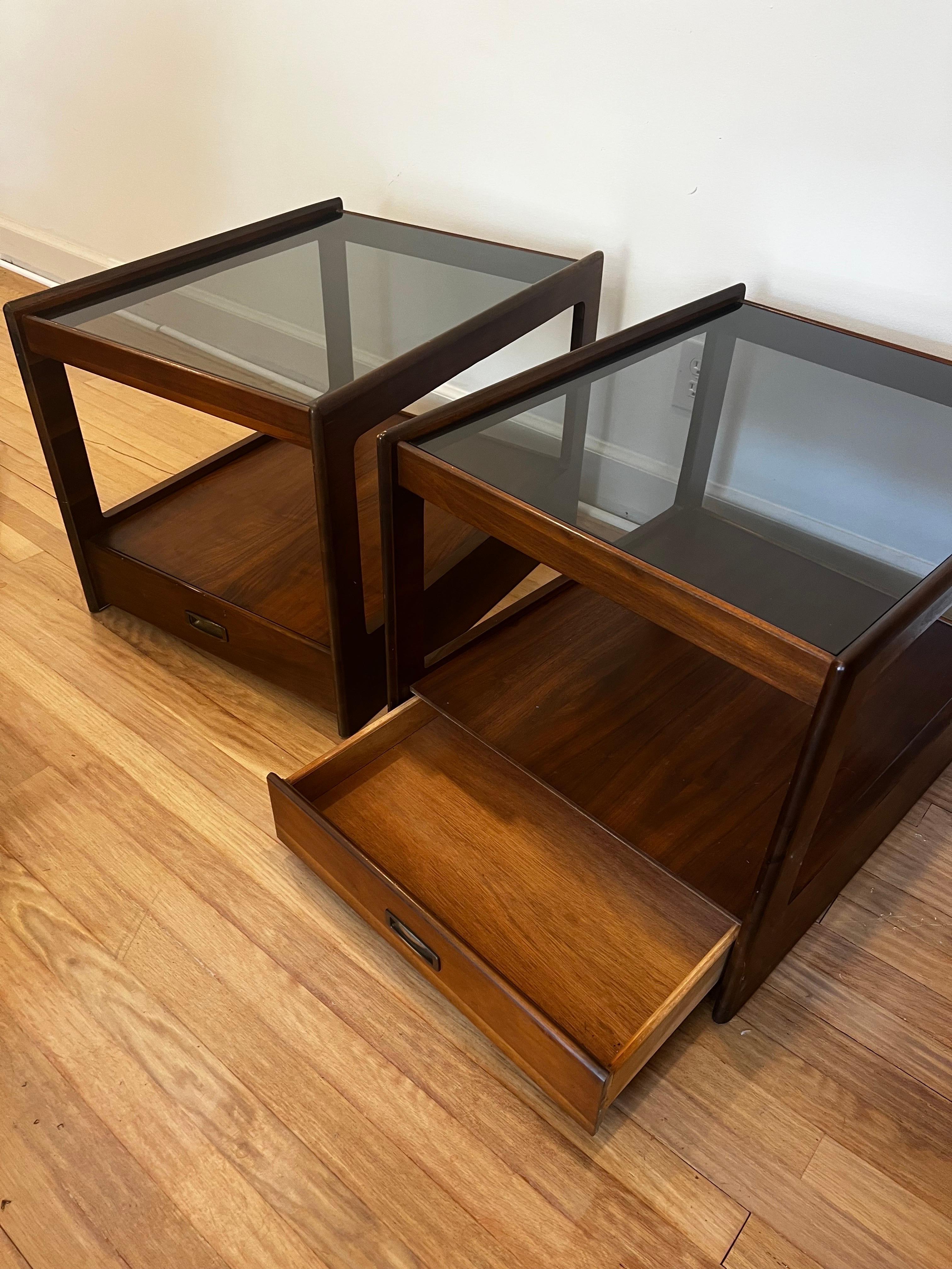 20th Century Pair of MCM Walnut and Smoked Glass Single Drawer End Tables/Nightstands  For Sale