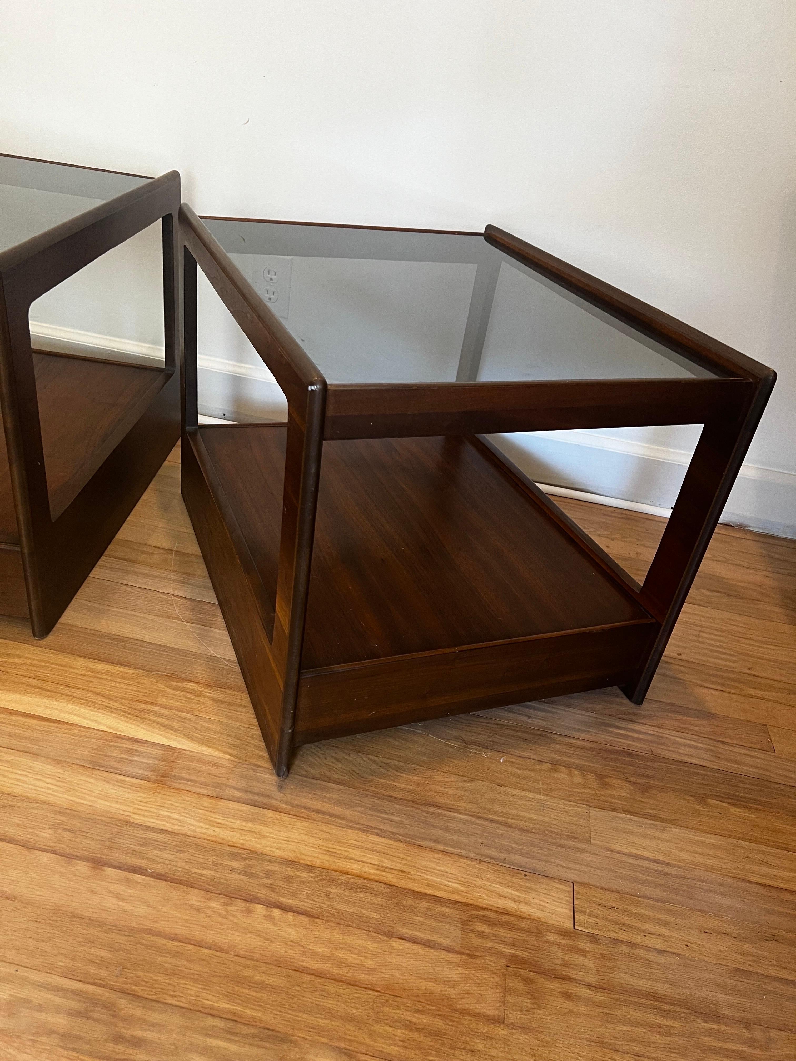 Pair of MCM Walnut and Smoked Glass Single Drawer End Tables/Nightstands  For Sale 1