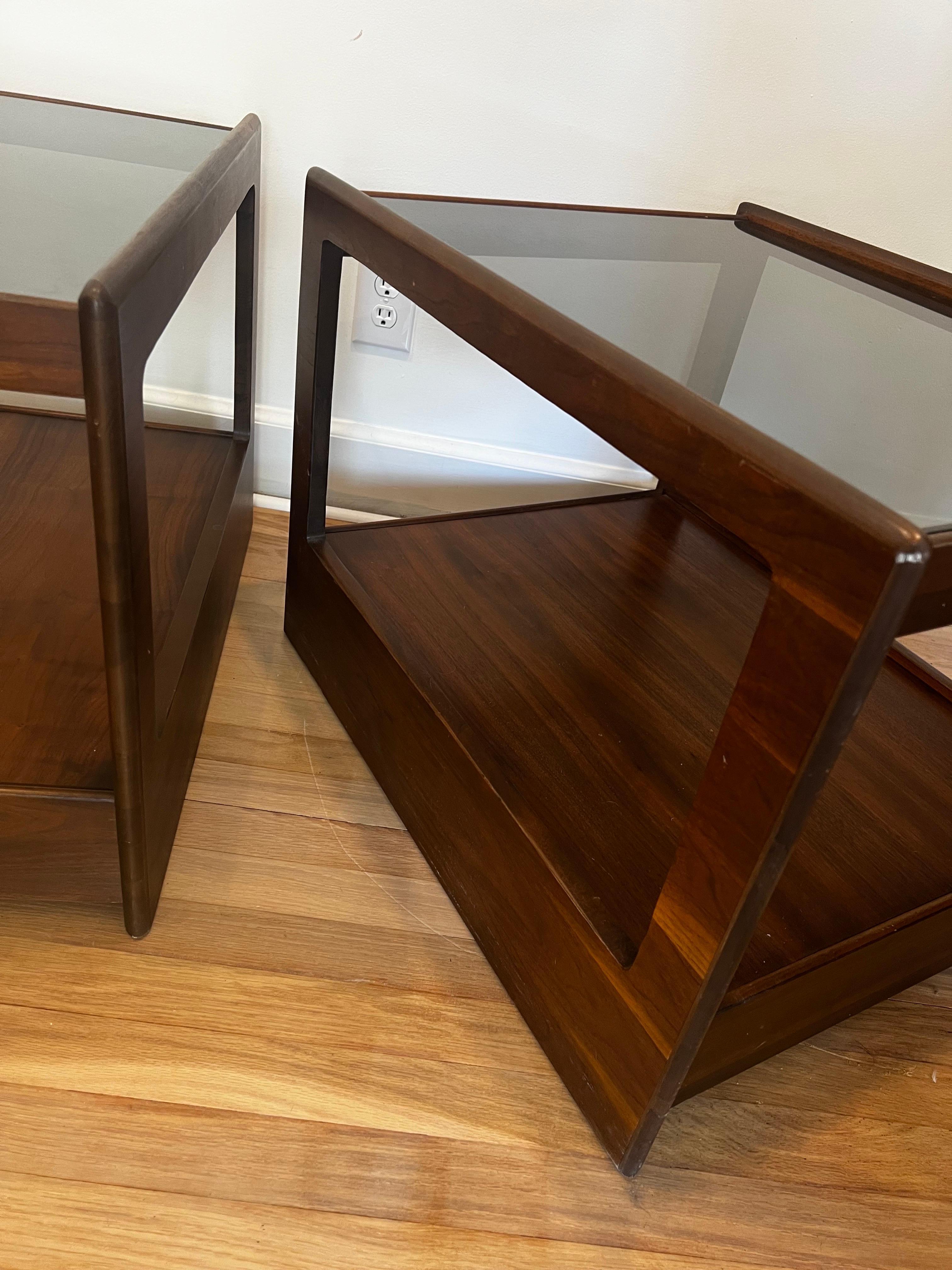 Pair of MCM Walnut and Smoked Glass Single Drawer End Tables/Nightstands  For Sale 2