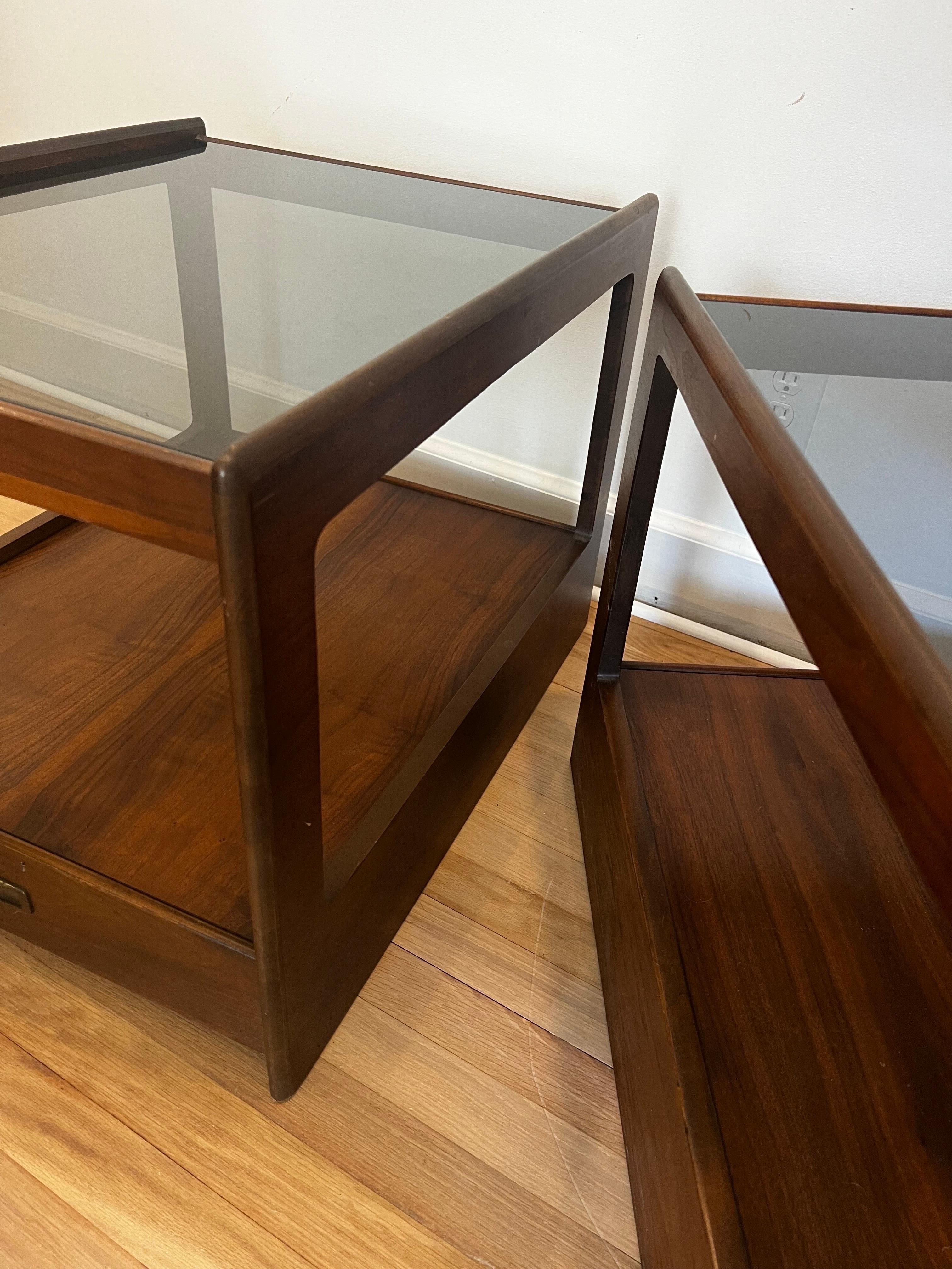 Pair of MCM Walnut and Smoked Glass Single Drawer End Tables/Nightstands  For Sale 3