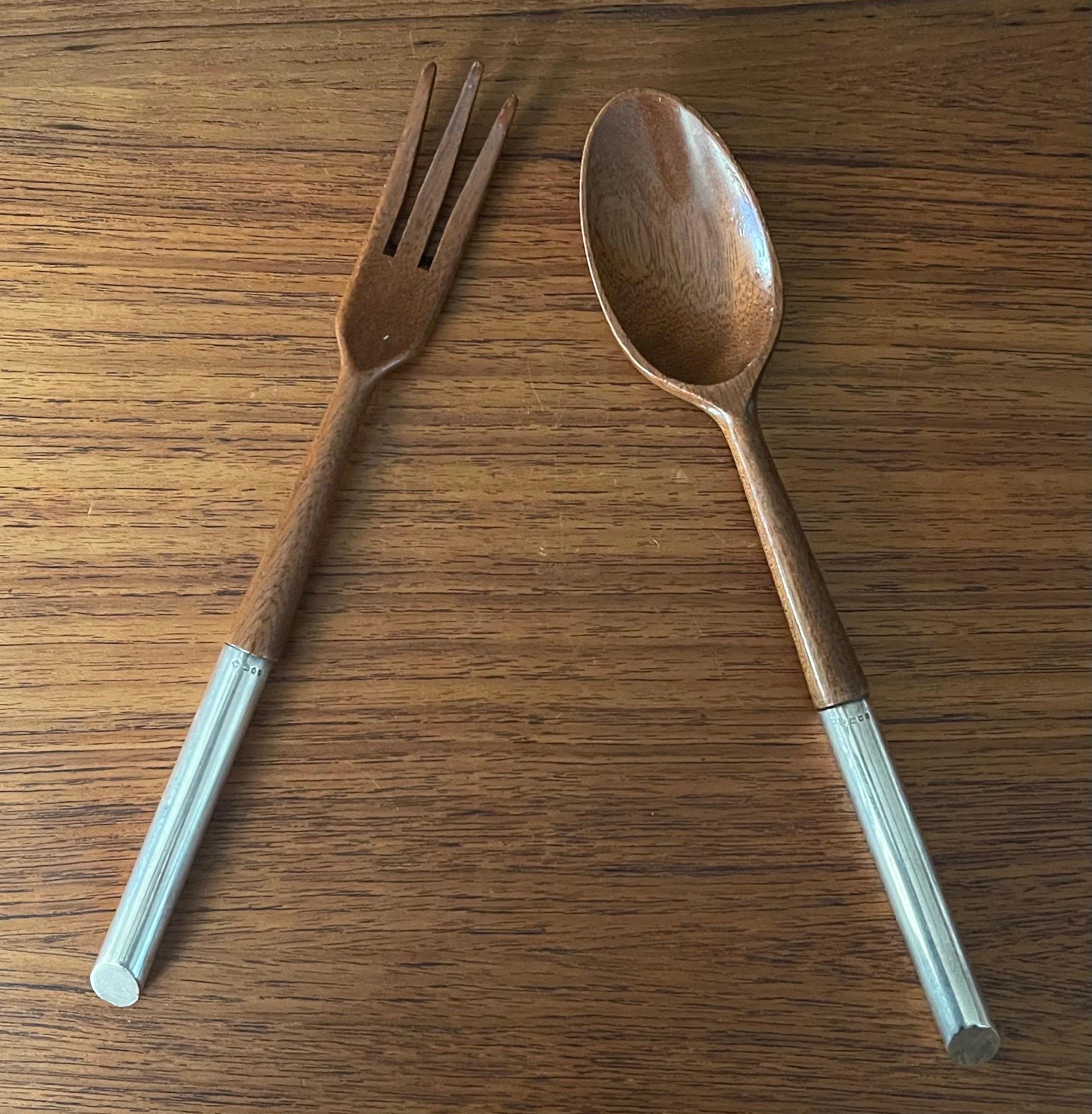 Italian Pair of MCM Walnut and Sterling Silver Salad Servers Made in Italy For Sale