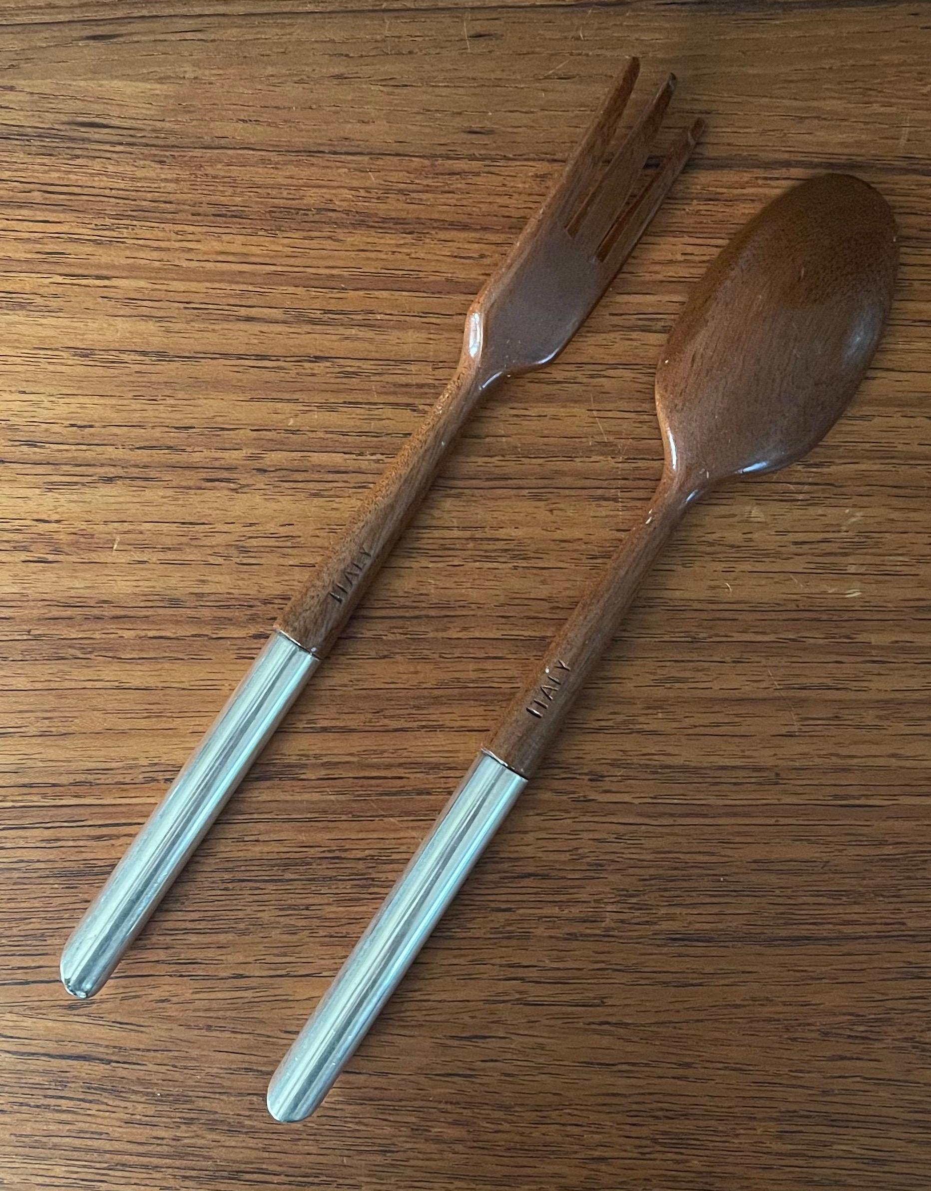 Pair of MCM Walnut and Sterling Silver Salad Servers Made in Italy In Good Condition For Sale In San Diego, CA