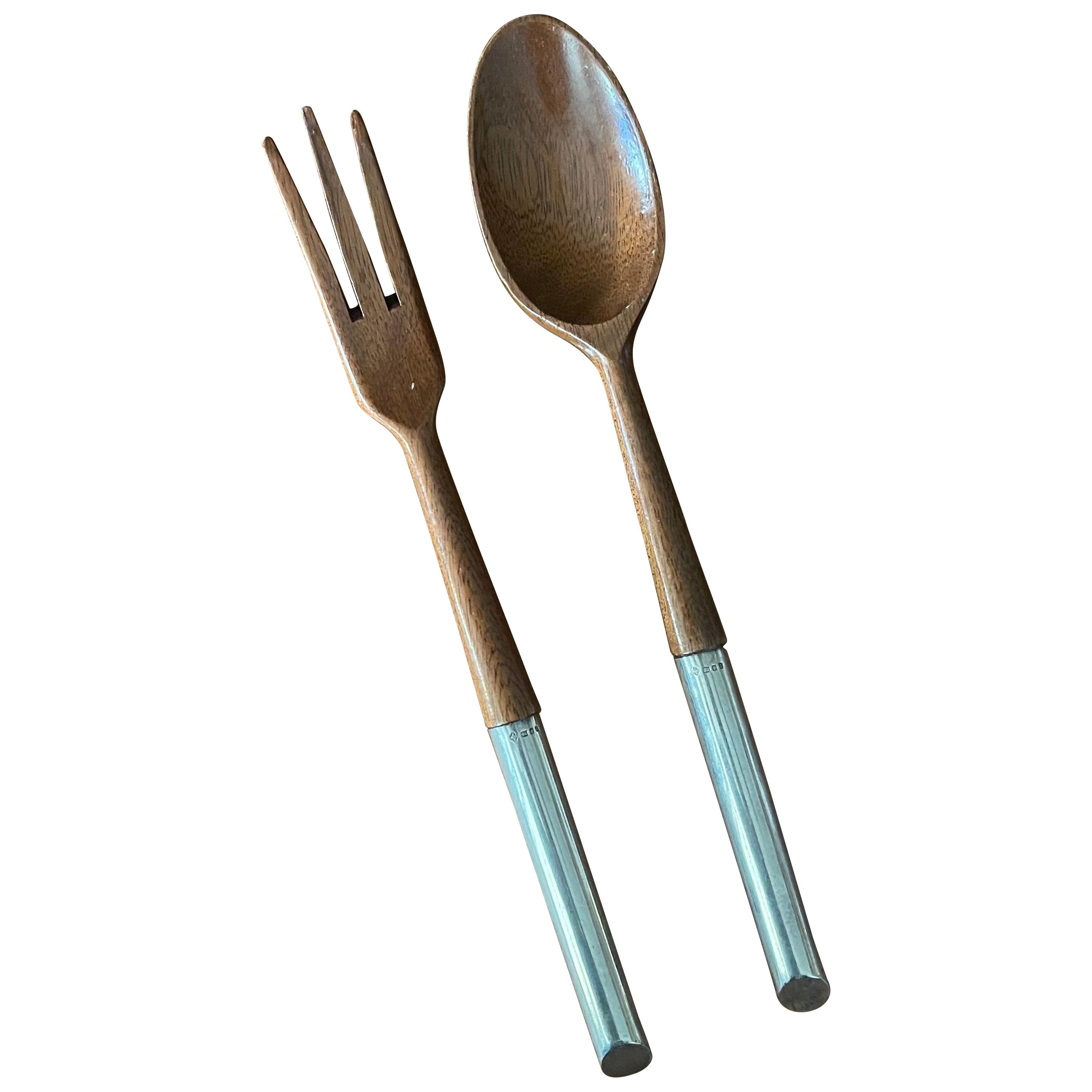 Paire de service à salade MCM en noyer et argent sterling fabriqués en Italie
