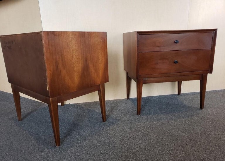 Pair of MCM Walnut Double Drawer Nightstands by American of