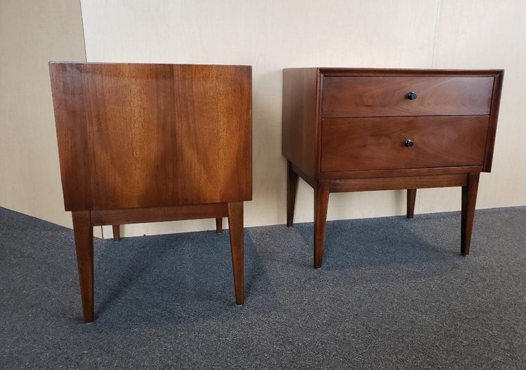 Pair of MCM Walnut Double Drawer Nightstands by American of