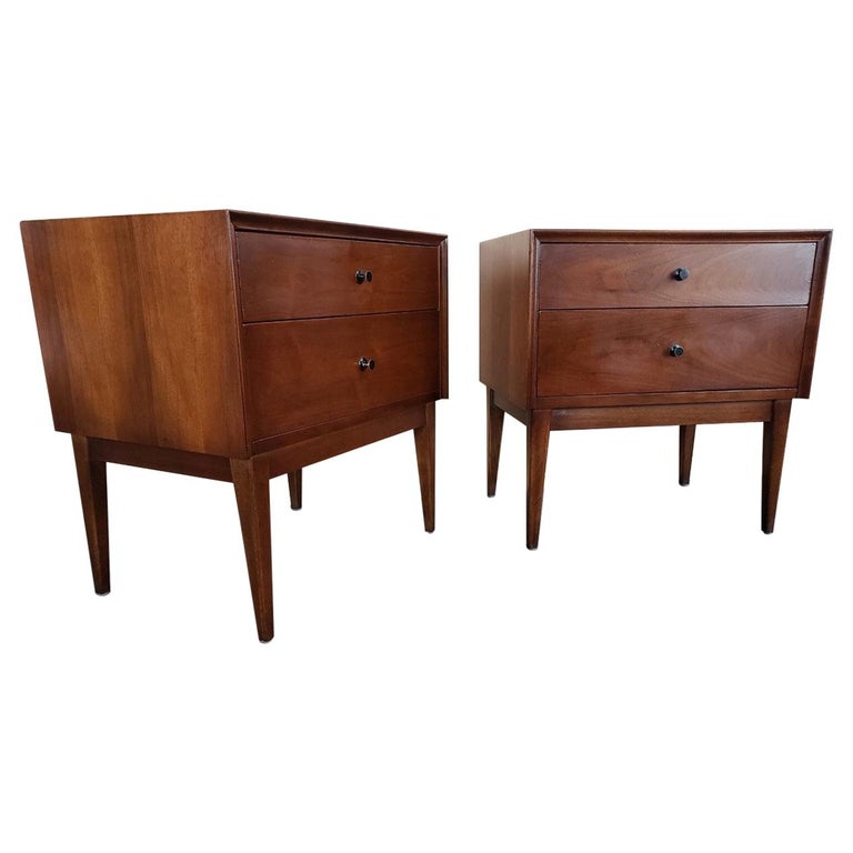 Pair of MCM Walnut Double Drawer Nightstands by American of