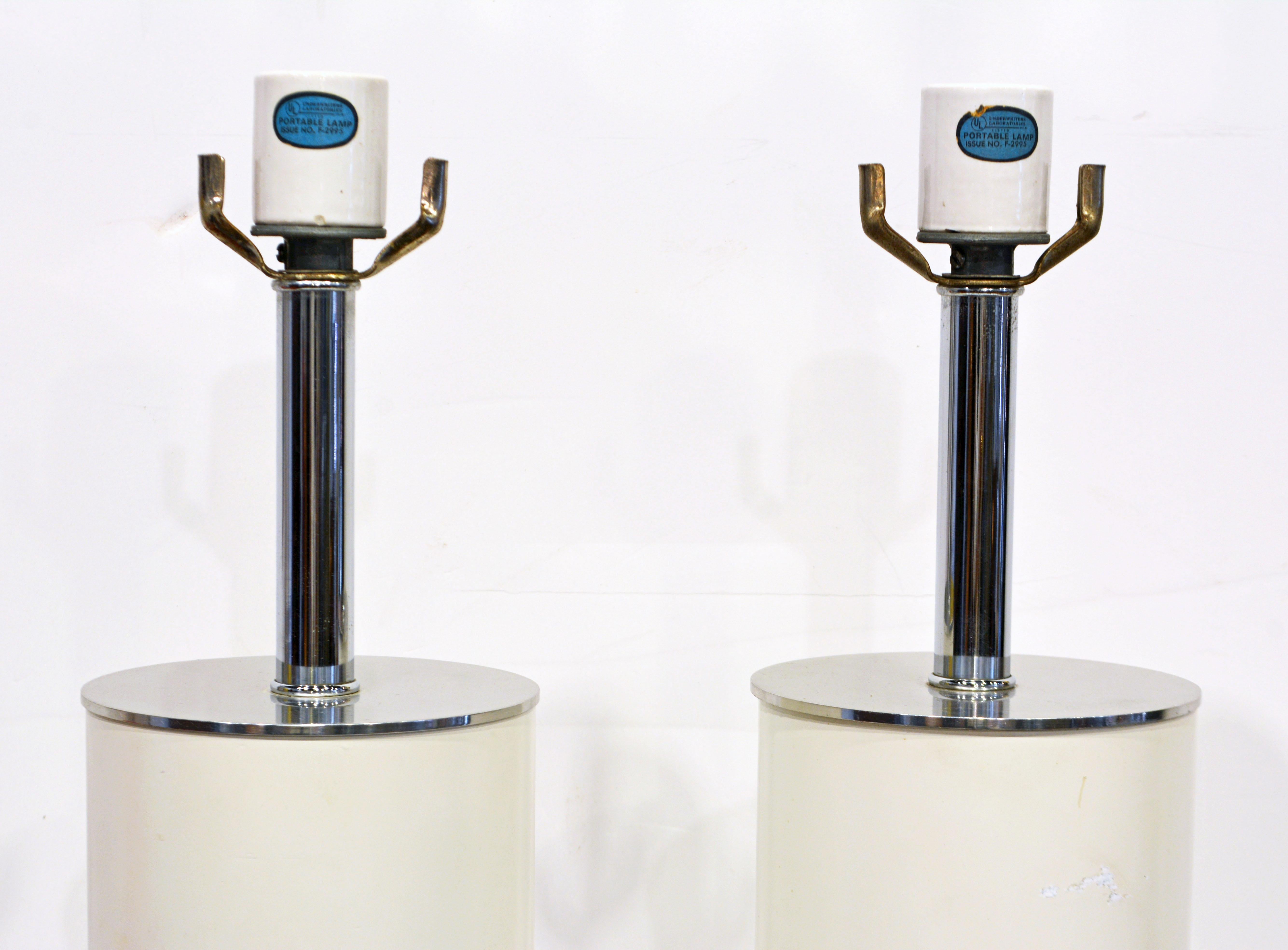 Mid-Century Modern Pair of MCM Walter von Nessen Tall White Enamel and Chrome Cylinder Table Lamps