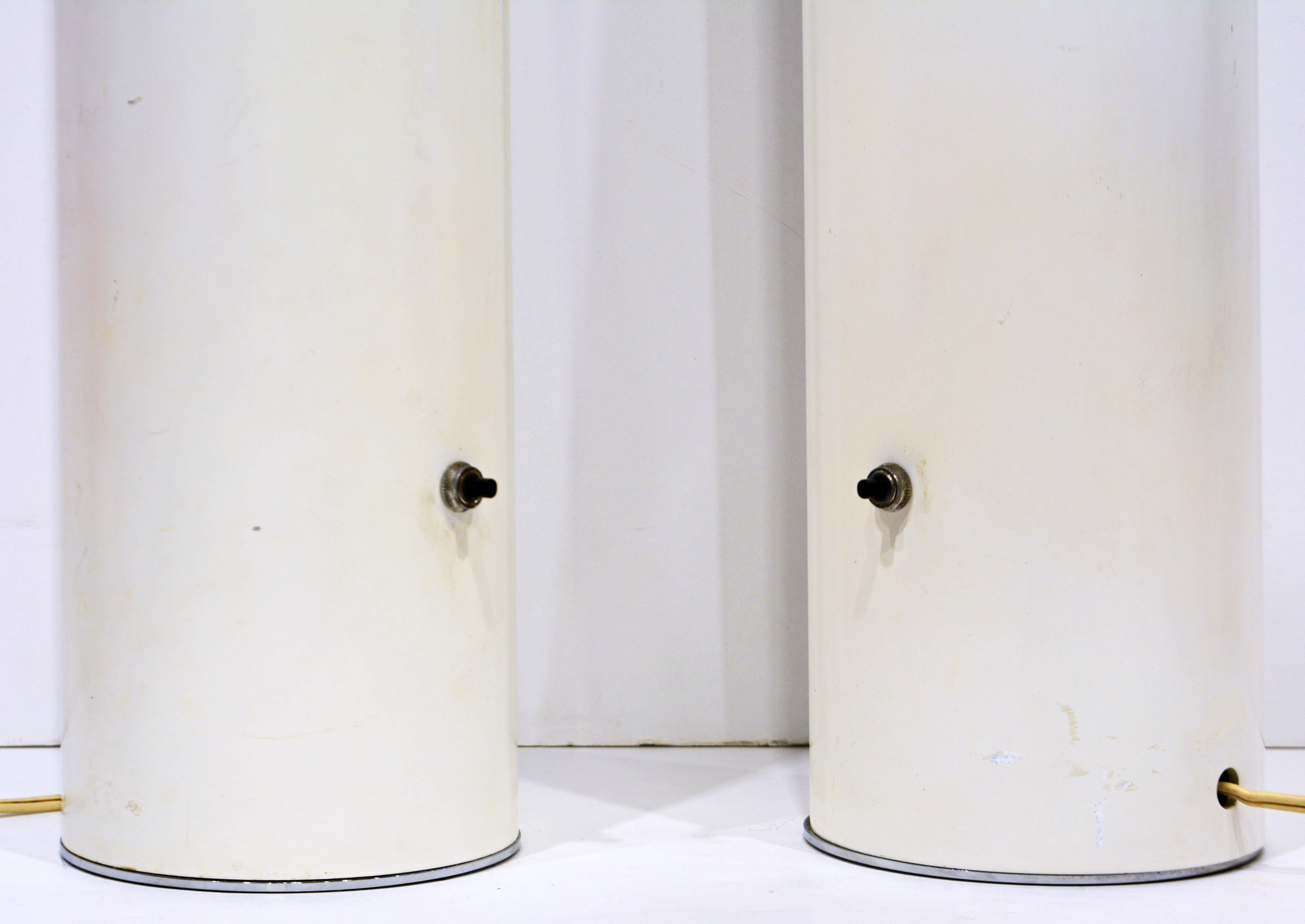 American Pair of MCM Walter von Nessen Tall White Enamel and Chrome Cylinder Table Lamps