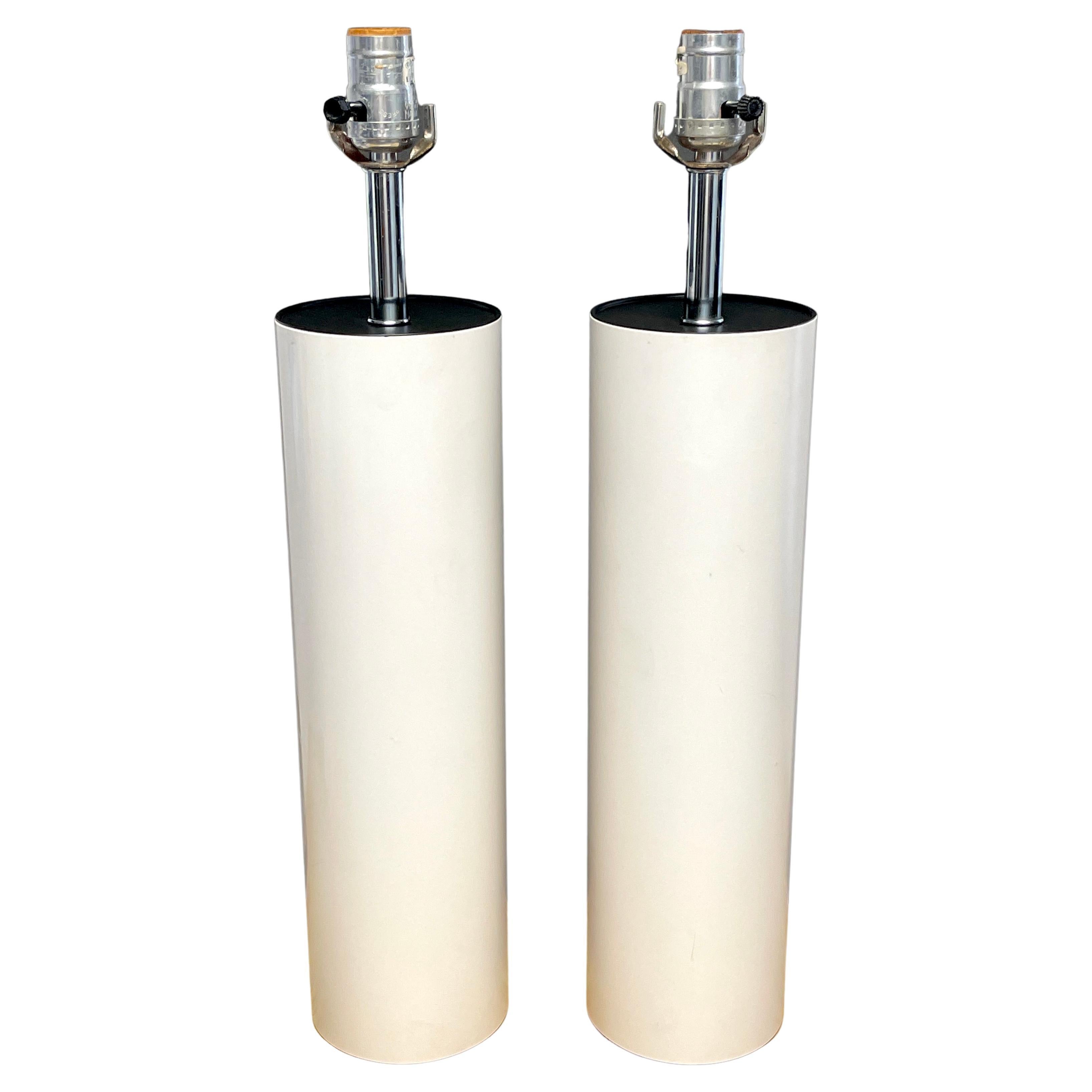 Pair of MCM Walter Von Nessen Tall White Enameled Column Lamps For Sale