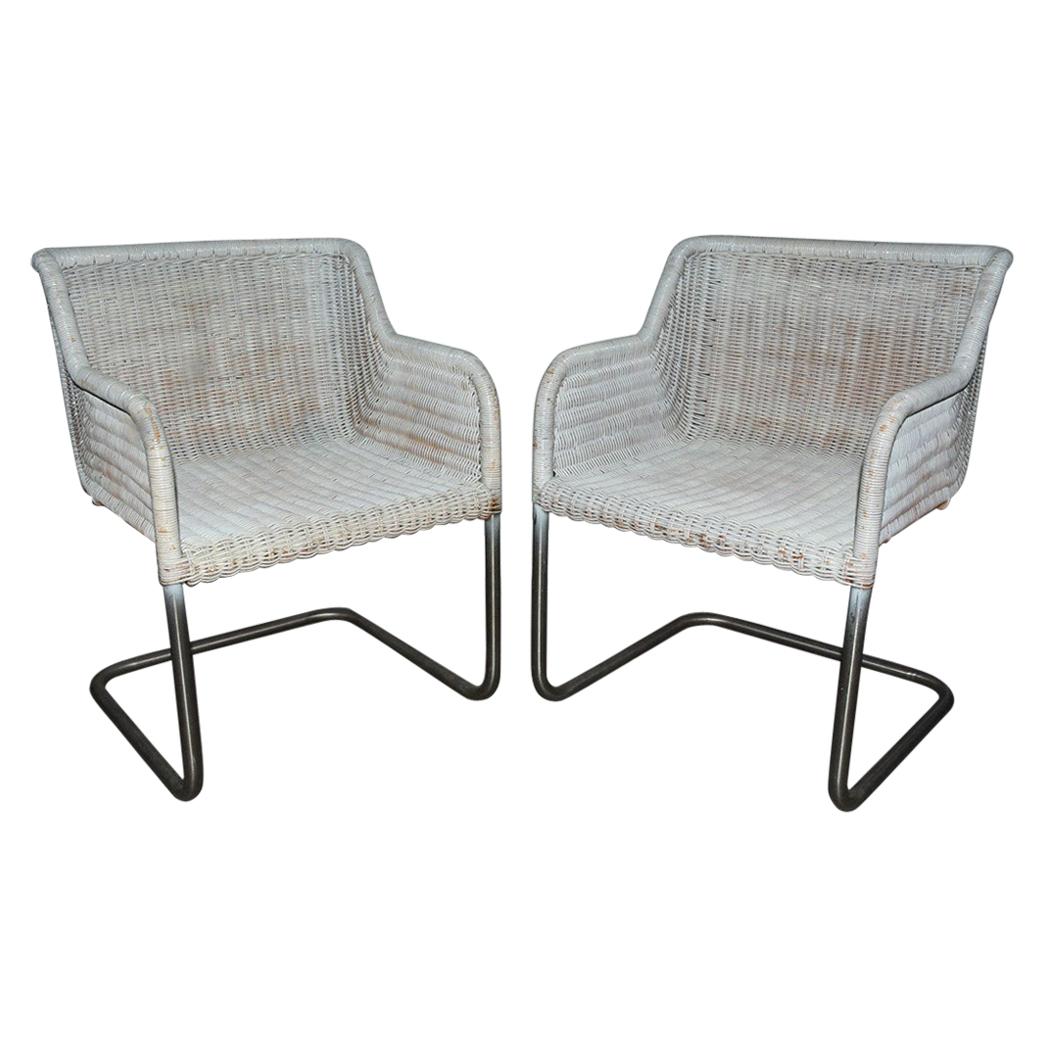 Pair of MCM Wicker Seat Metal Base Armchairs For Sale