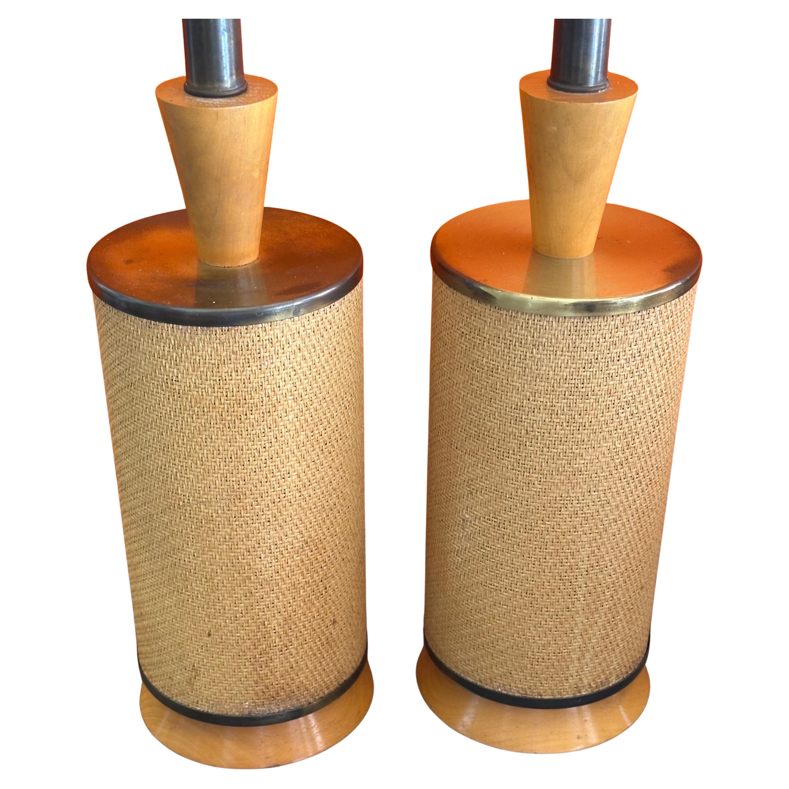 Américain Paire de lampes de table en rotin tressé MCM en vente