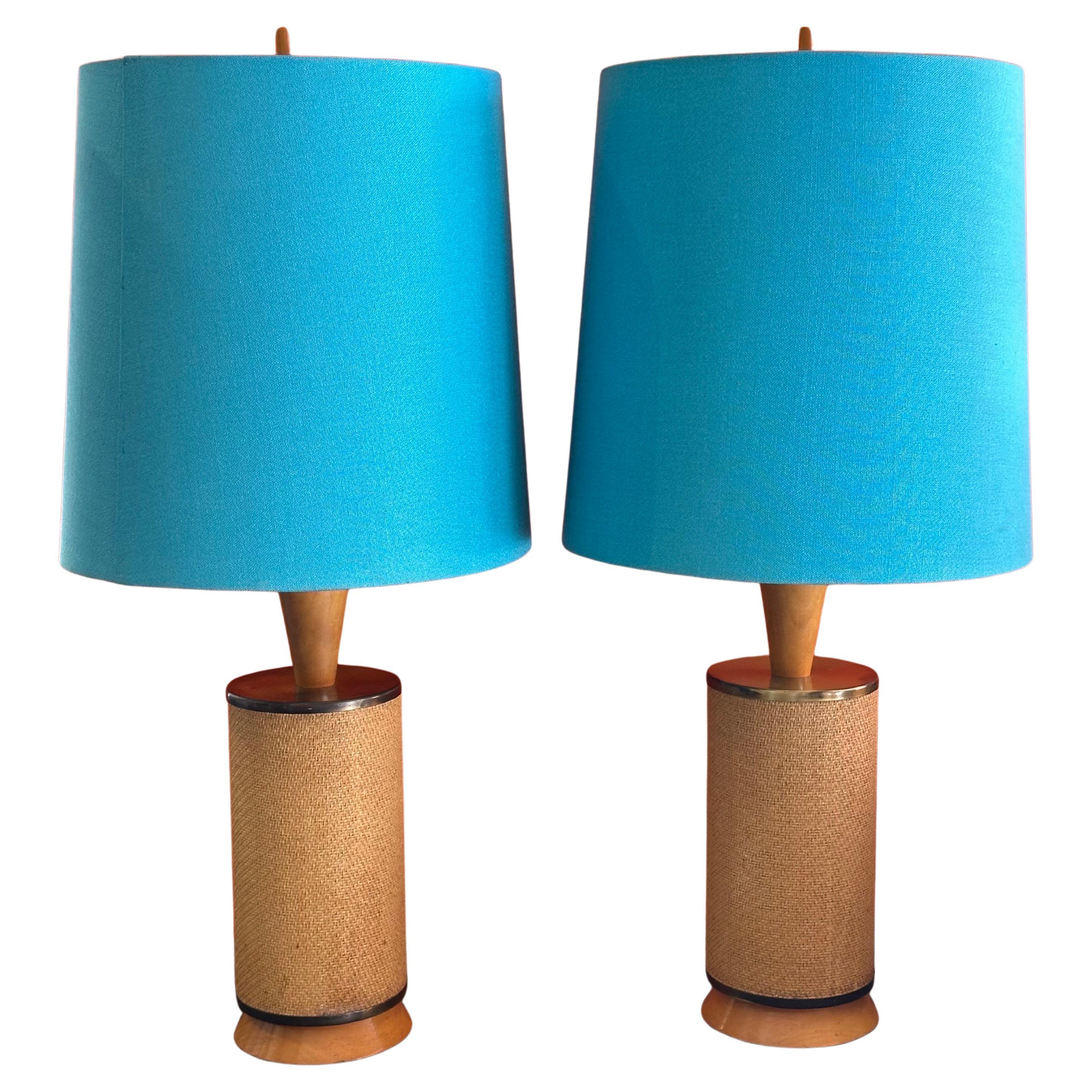 Pair of MCM Woven Rattan Table Lamps