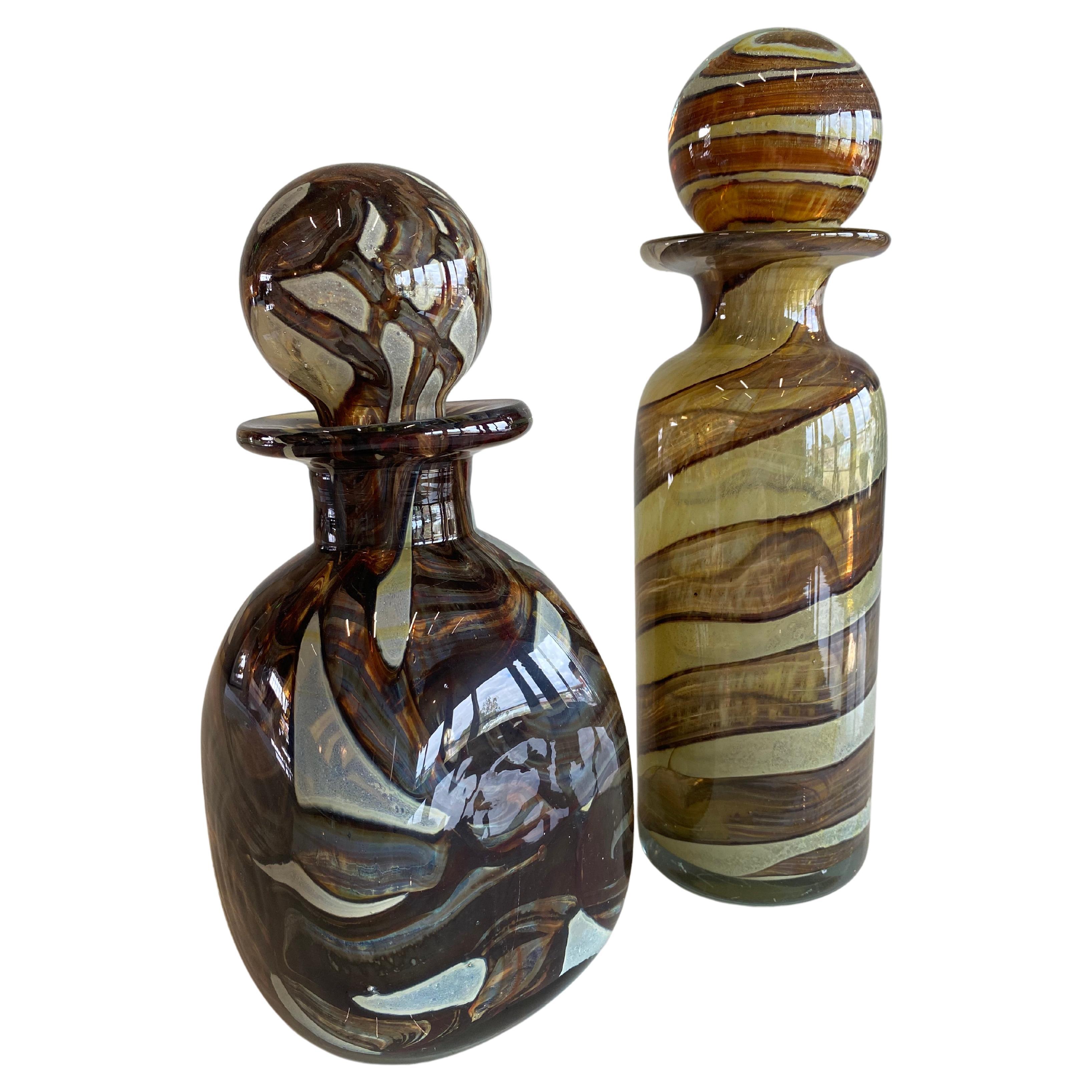 Pair of Mdina Glass Decanters with Balloon Stoppers, Carafes in Earth Tones For Sale