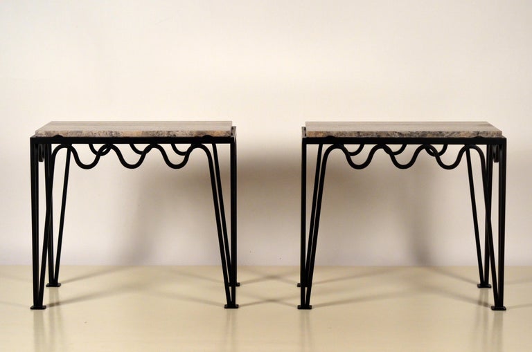 Modern Pair of 'Méandre' Black Iron and  Silver Travertine Side Tables by Design Frères For Sale