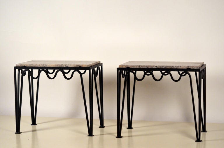 French Pair of 'Méandre' Black Iron and  Silver Travertine Side Tables by Design Frères For Sale