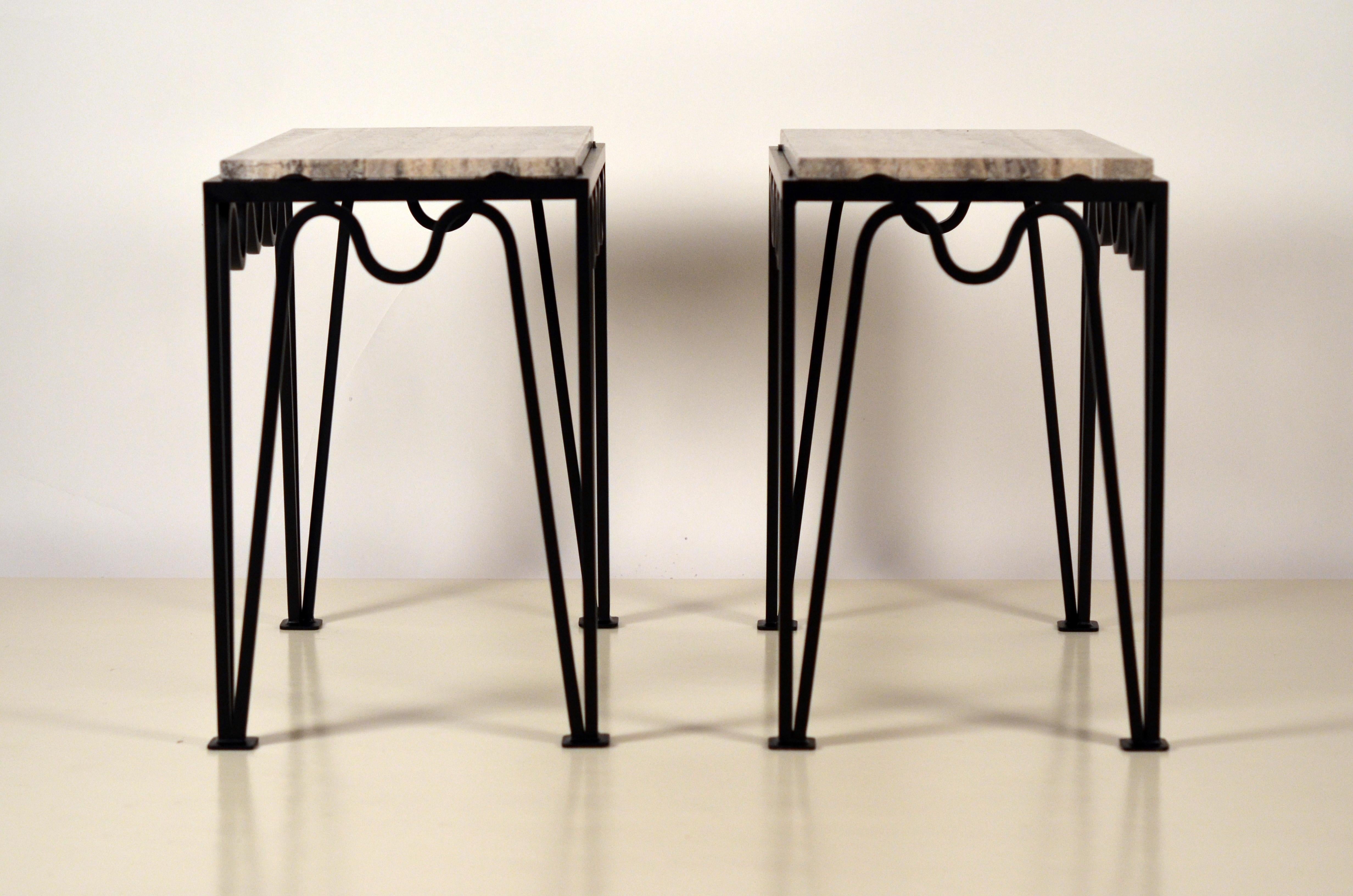 Painted Pair of 'Méandre' Black Iron and Silver Travertine Side Tables by Design Frères For Sale