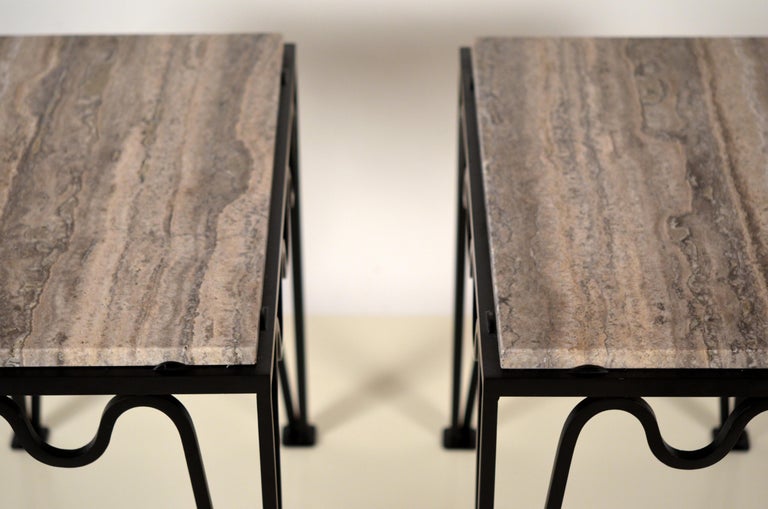 Pair of 'Méandre' Black Iron and  Silver Travertine Side Tables by Design Frères In New Condition For Sale In Los Angeles, CA