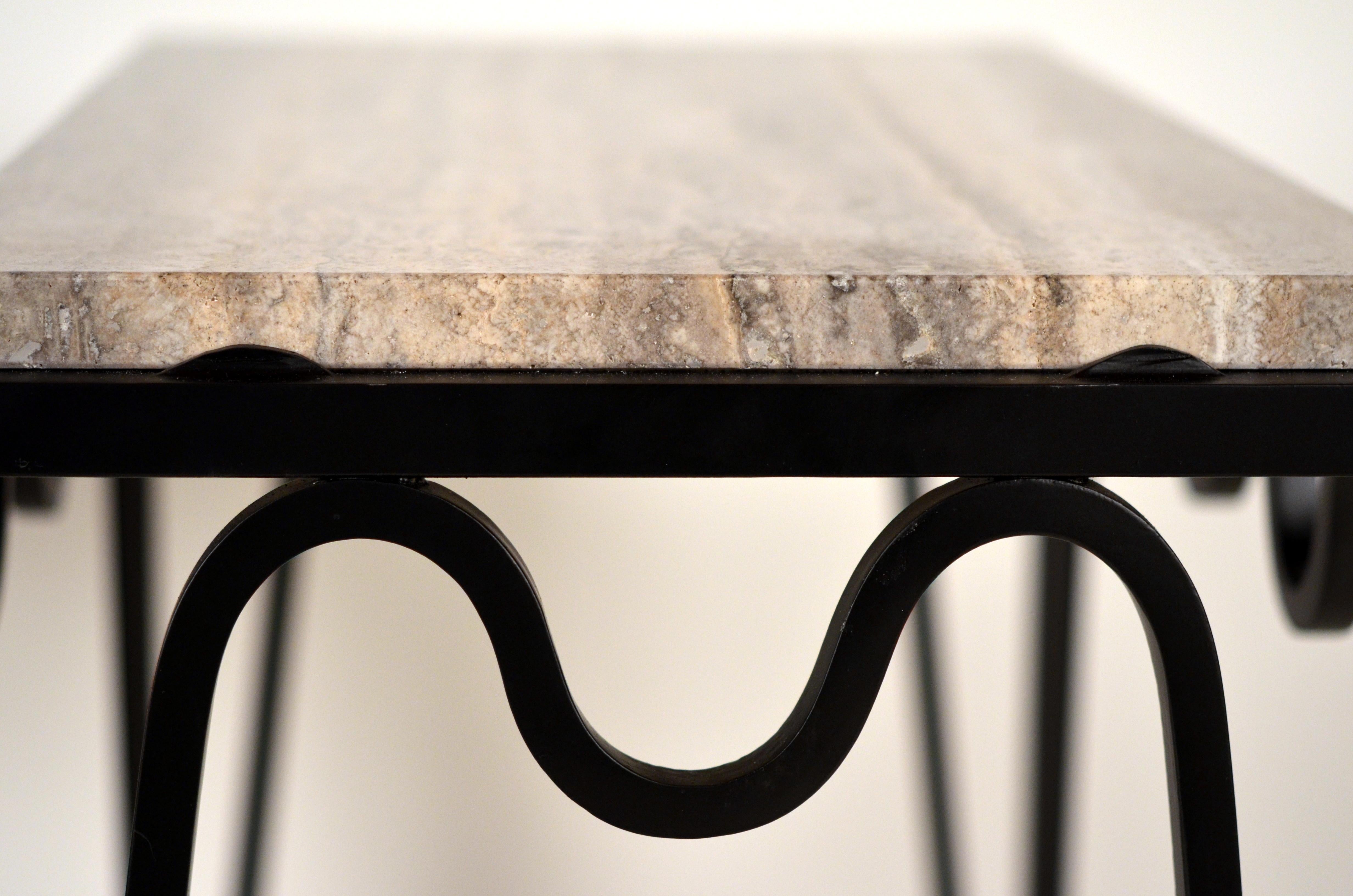 Contemporary Pair of 'Méandre' Black Iron and Silver Travertine Side Tables by Design Frères For Sale