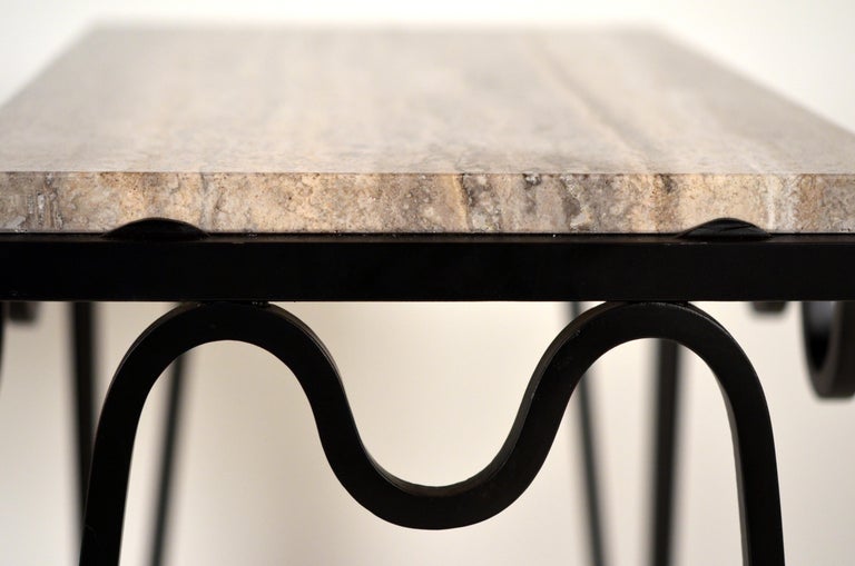 Contemporary Pair of 'Méandre' Black Iron and  Silver Travertine Side Tables by Design Frères For Sale