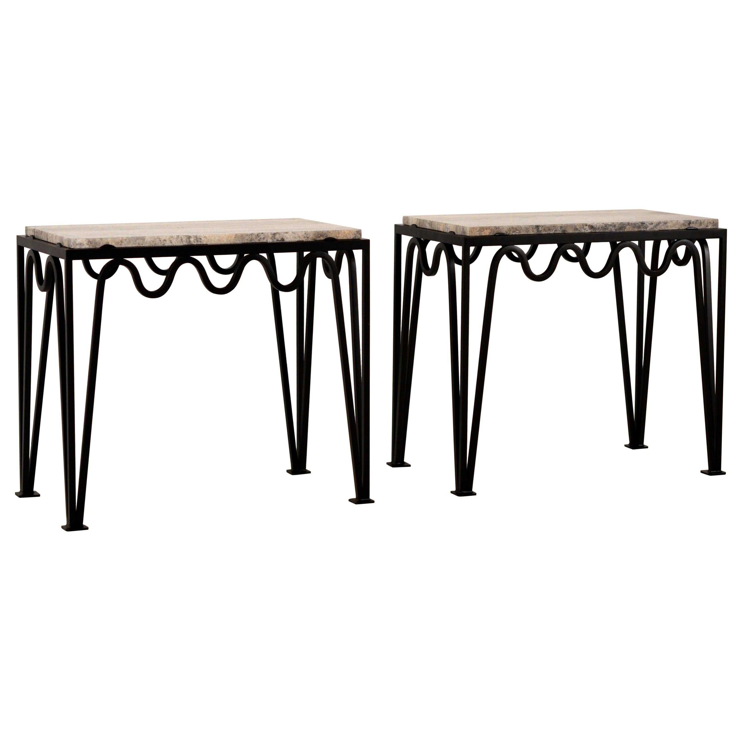 Pair of 'Méandre' Black Iron and Silver Travertine Side Tables by Design Frères