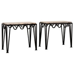 Pair of 'Méandre' Black Iron and  Silver Travertine Side Tables by Design Frères