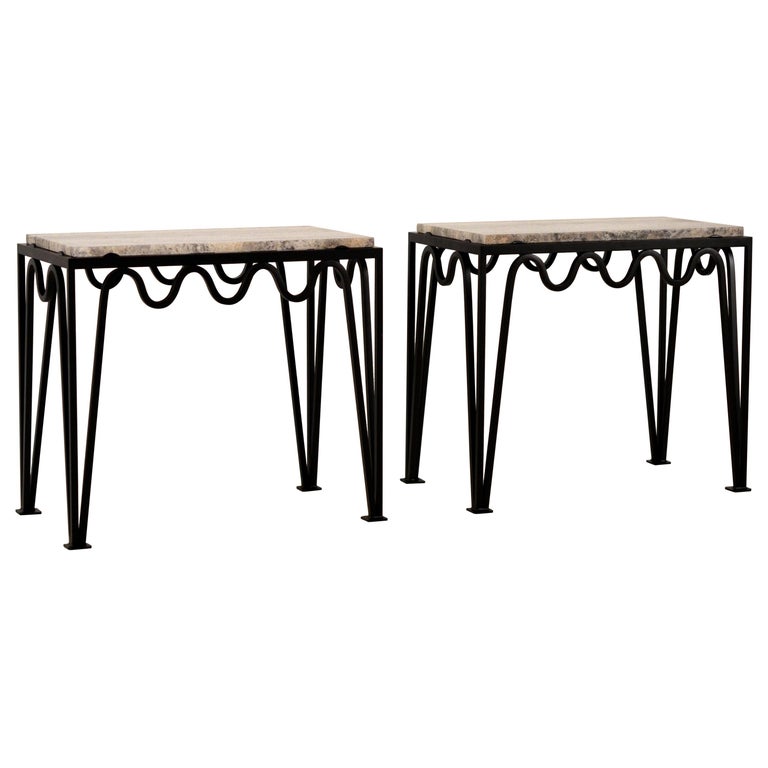 Pair of 'Méandre' Black Iron and  Silver Travertine Side Tables by Design Frères For Sale