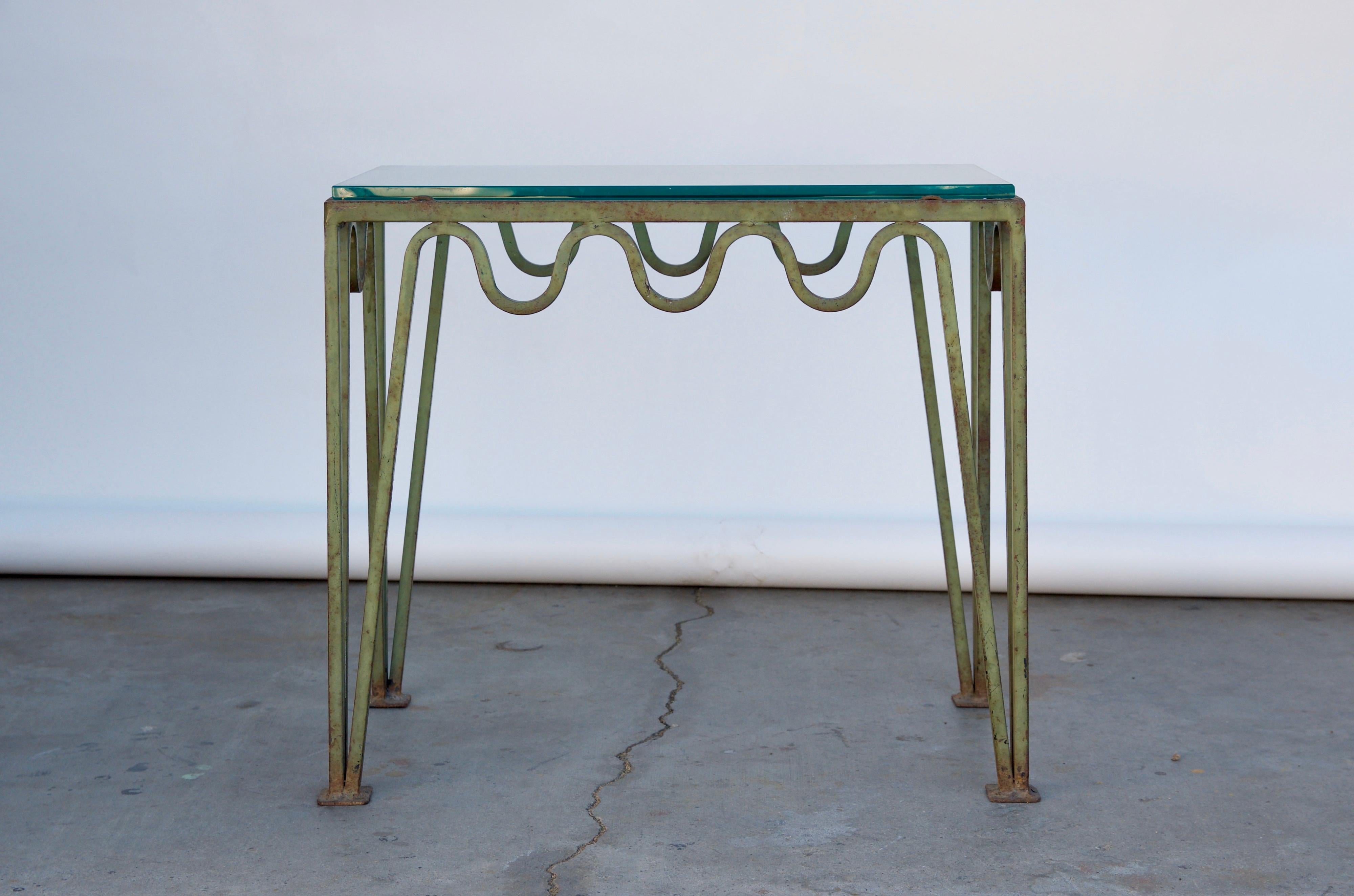 Patinated Pair of 'Méandre' Verdigris and Glass Side Tables by Design Frères For Sale