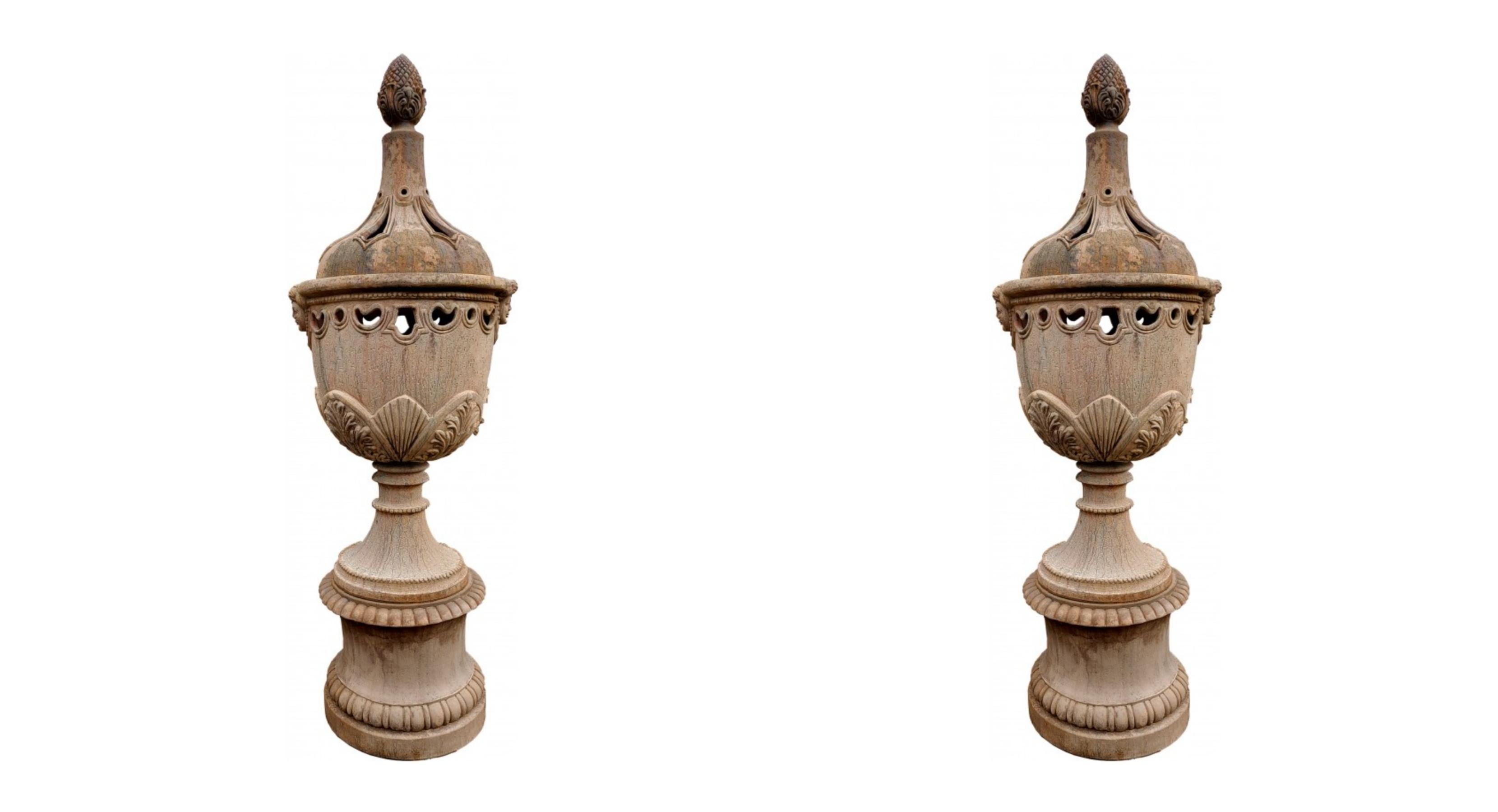 Italian Pair of Medicean Tuscan Brazier, Large in Terracotta with Base End 19th Century For Sale