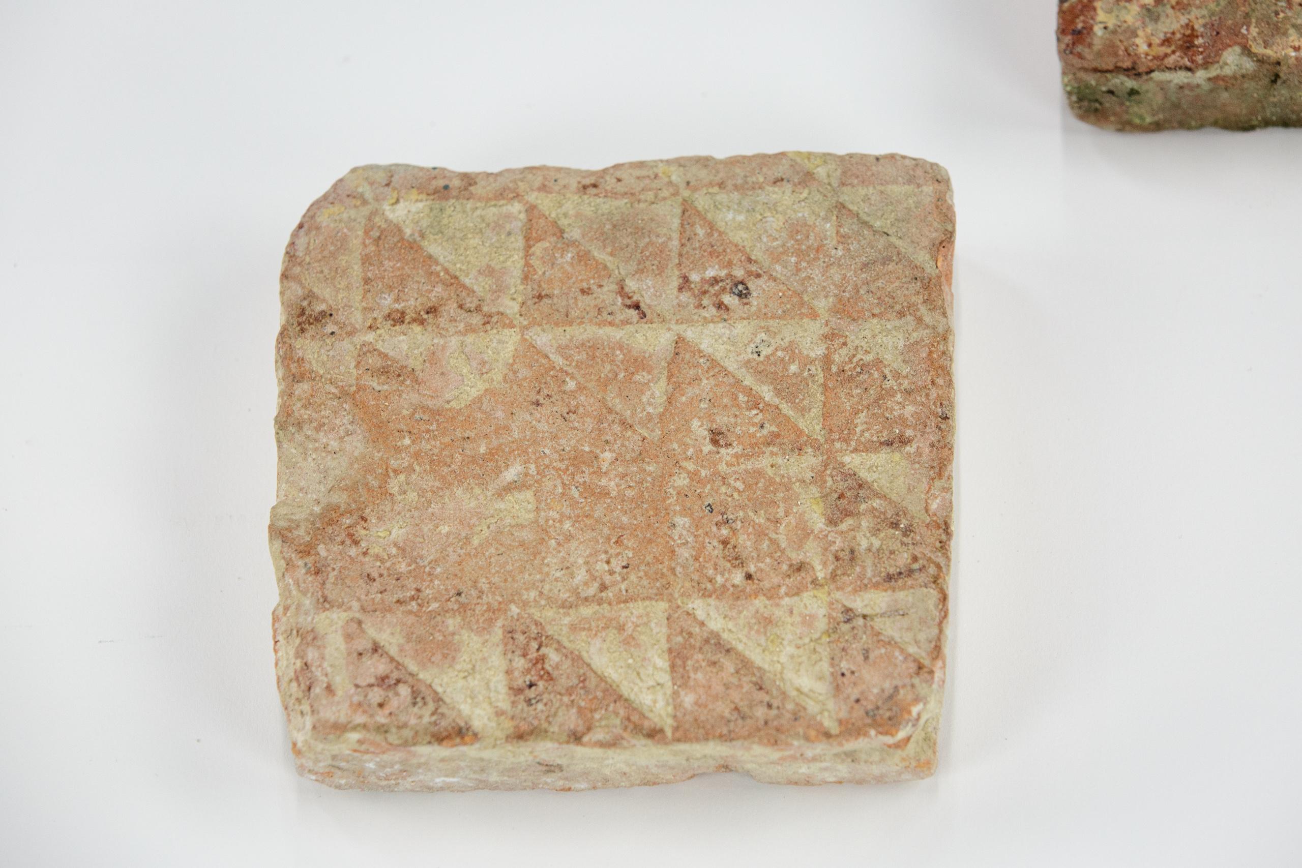 Glazed Pair of Medieval Encaustic Floor Tiles with Geometric Pattern For Sale
