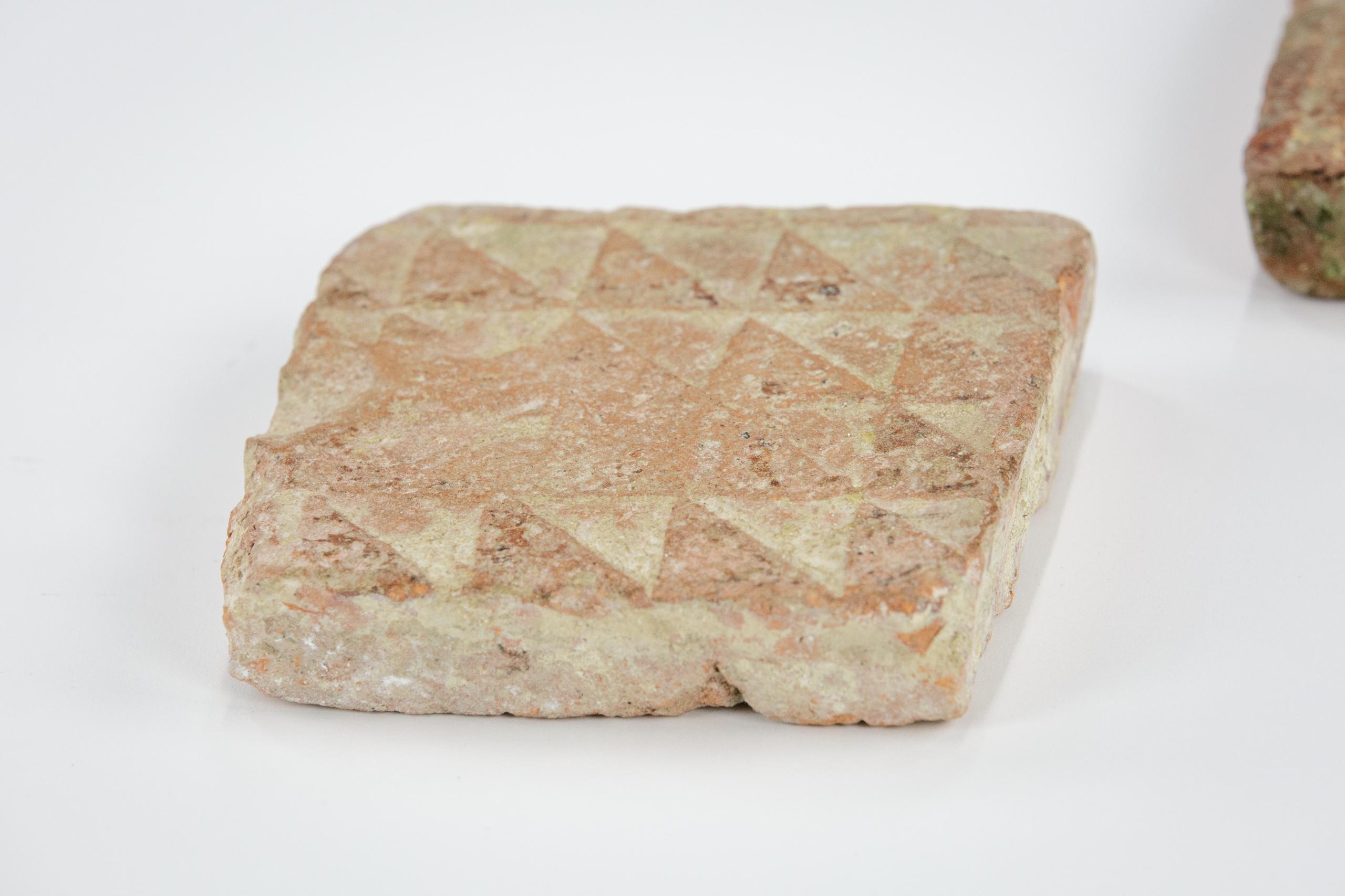 Pair of Medieval Encaustic Floor Tiles with Geometric Pattern In Distressed Condition For Sale In Pease pottage, West Sussex