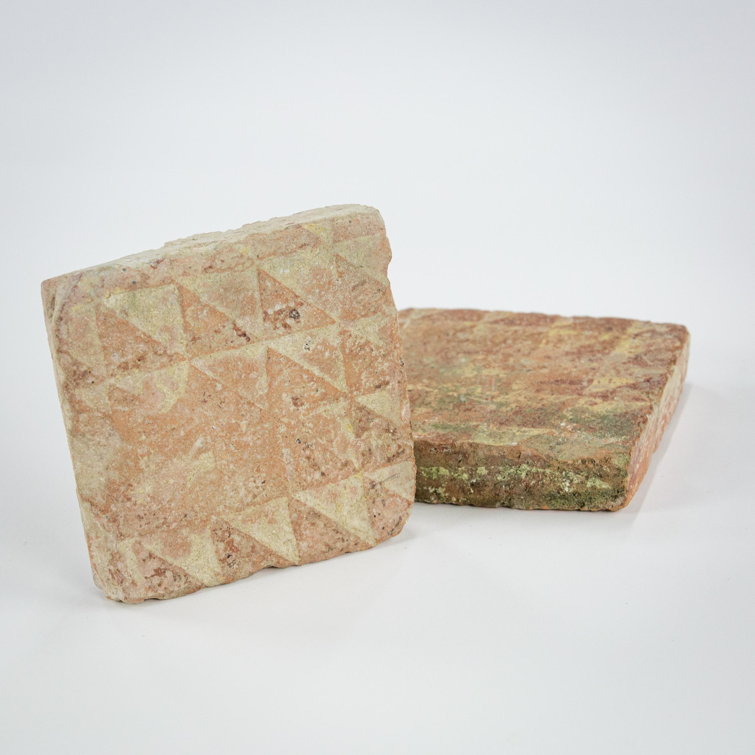 Stoneware Pair of Medieval Encaustic Floor Tiles with Geometric Pattern For Sale