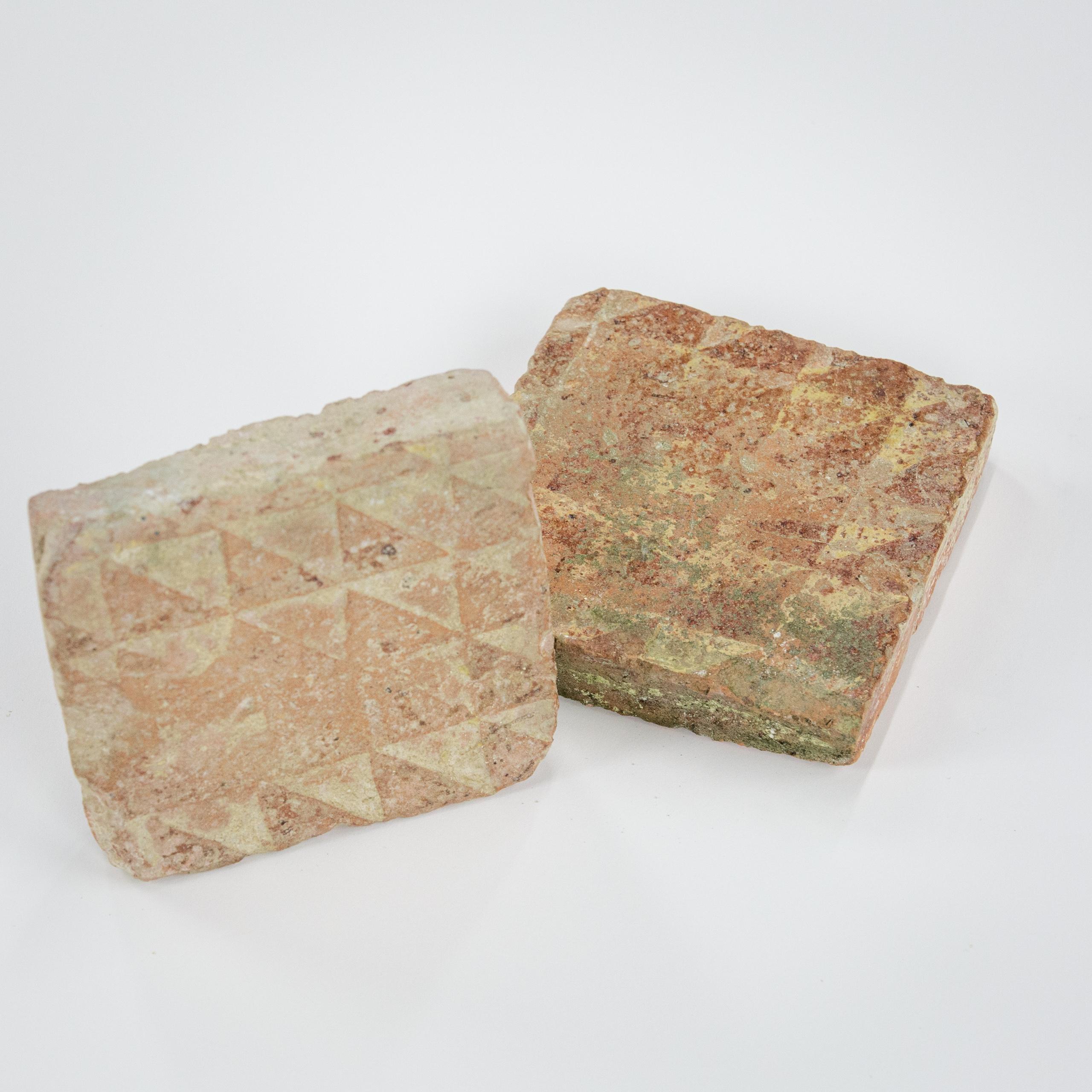 Pair of Medieval Encaustic Floor Tiles with Geometric Pattern For Sale 2