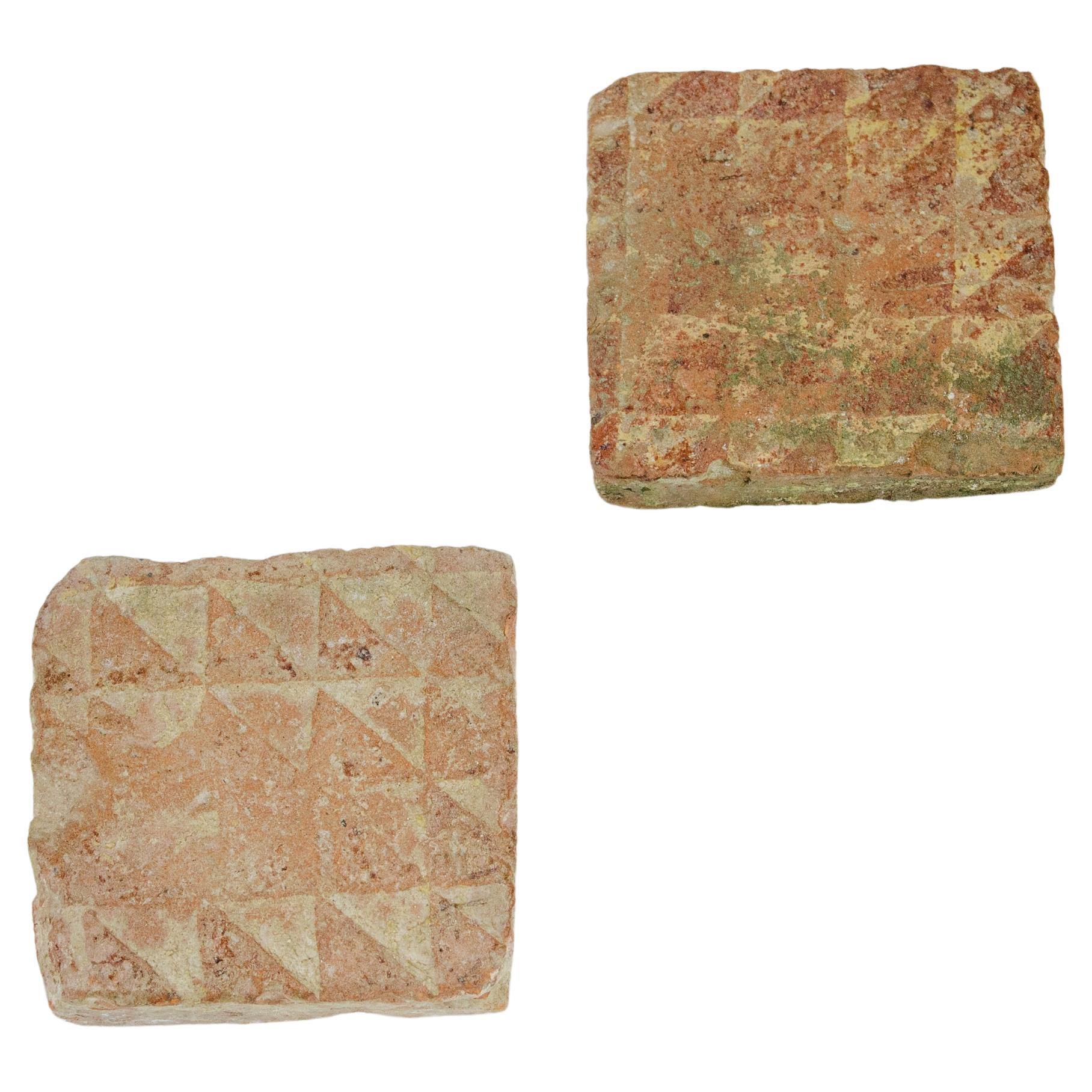 Pair of Medieval Encaustic Floor Tiles with Geometric Pattern For Sale