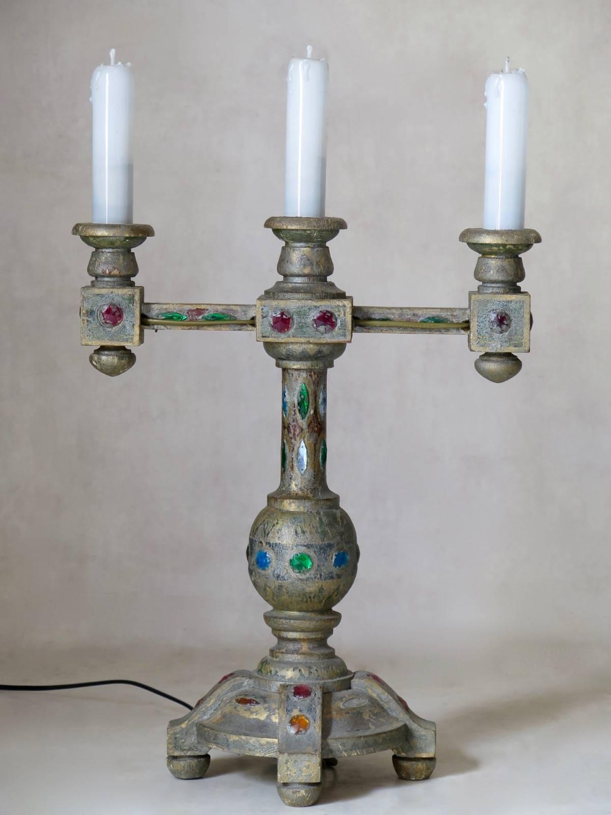 French Pair of Medieval Style Jeweled Lamps, France, circa 1930s For Sale
