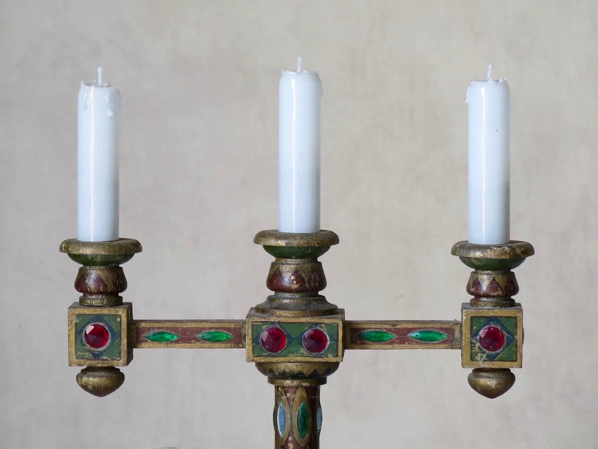 Painted Pair of Medieval Style Jeweled Lamps, France, circa 1930s For Sale