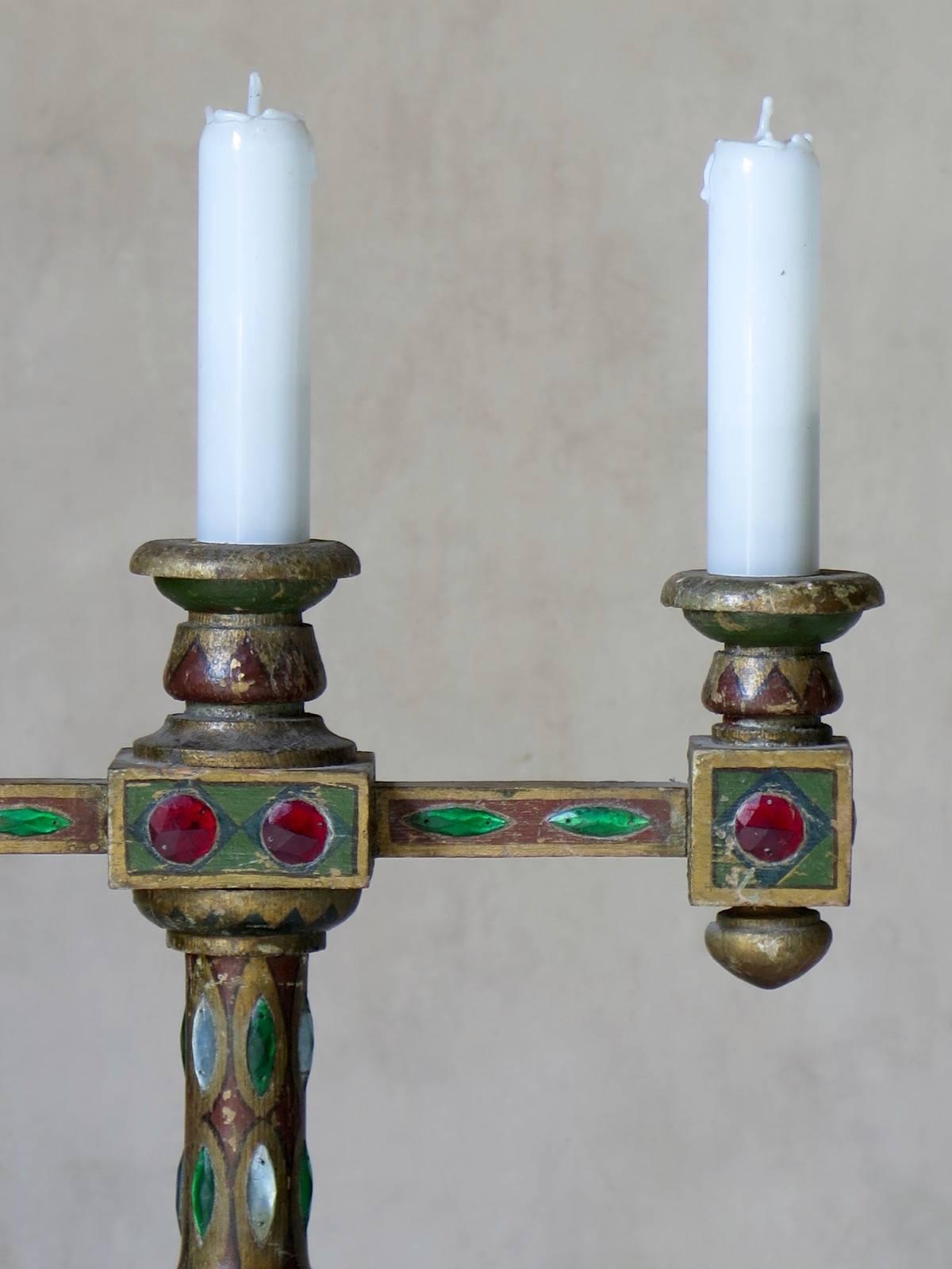 Pair of Medieval Style Jeweled Lamps, France, circa 1930s In Distressed Condition For Sale In Isle Sur La Sorgue, Vaucluse