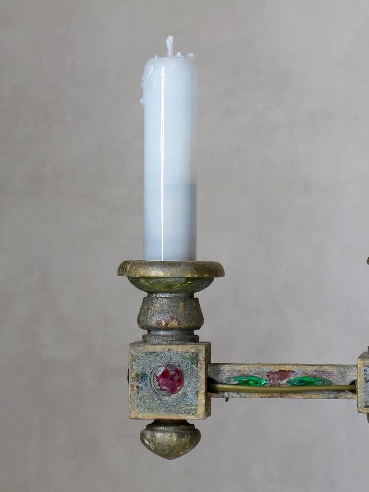 20th Century Pair of Medieval Style Jeweled Lamps, France, circa 1930s For Sale