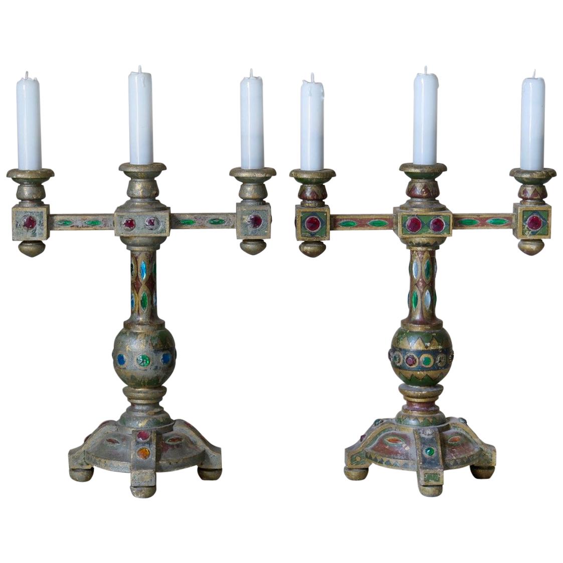 Pair of Medieval Style Jeweled Lamps, France, circa 1930s For Sale